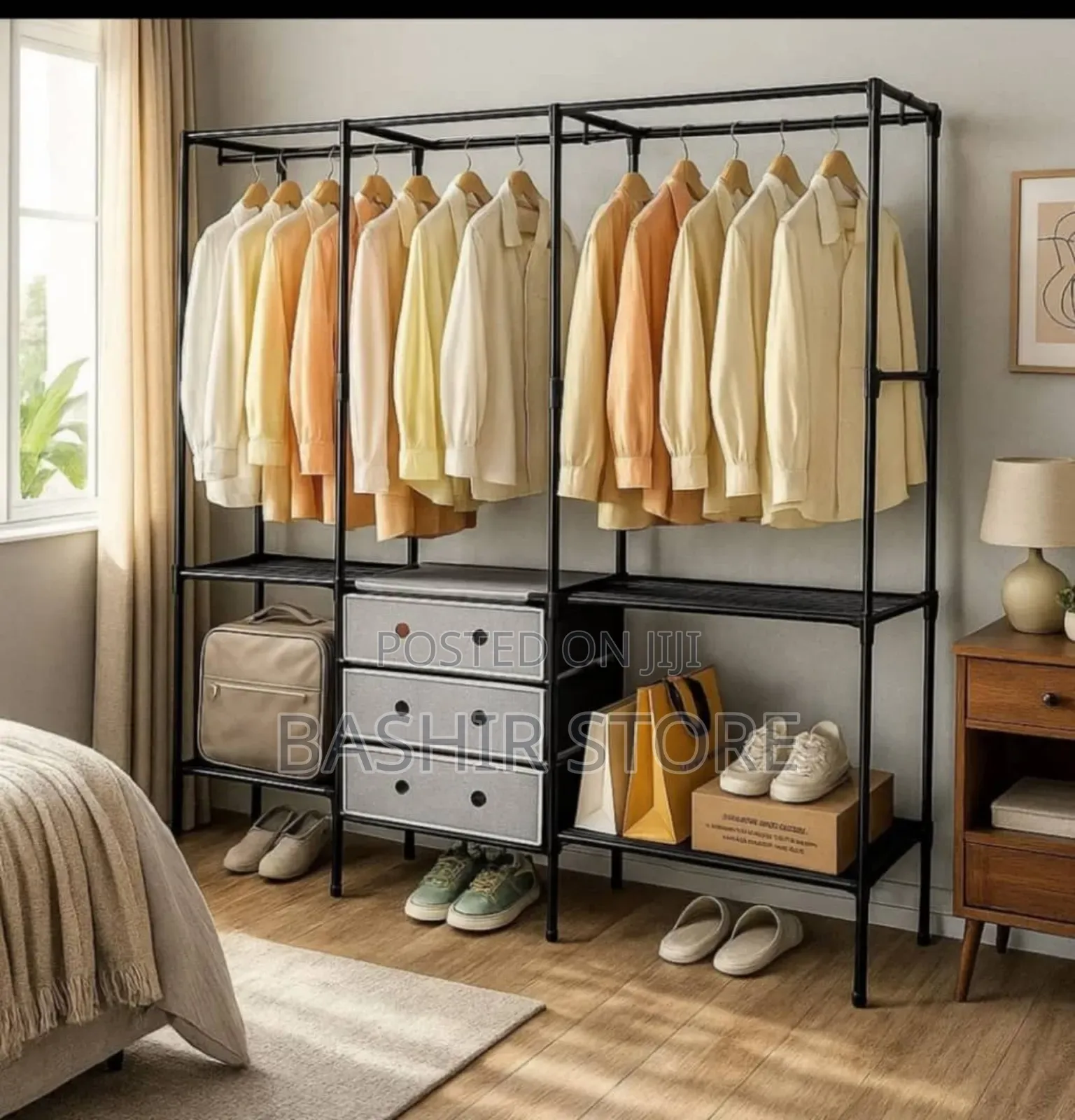 Freestanding Heavy-Duty Metal Clothes Rack With Storage Shelves.