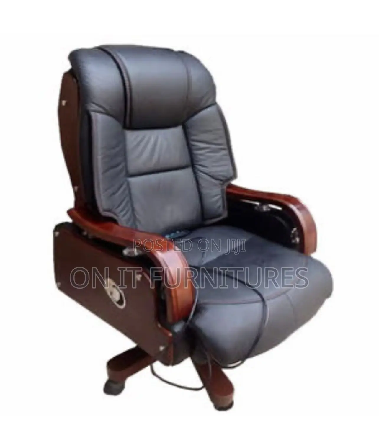 Executive Black Leather Massage Office Chair With Wooden Armrests