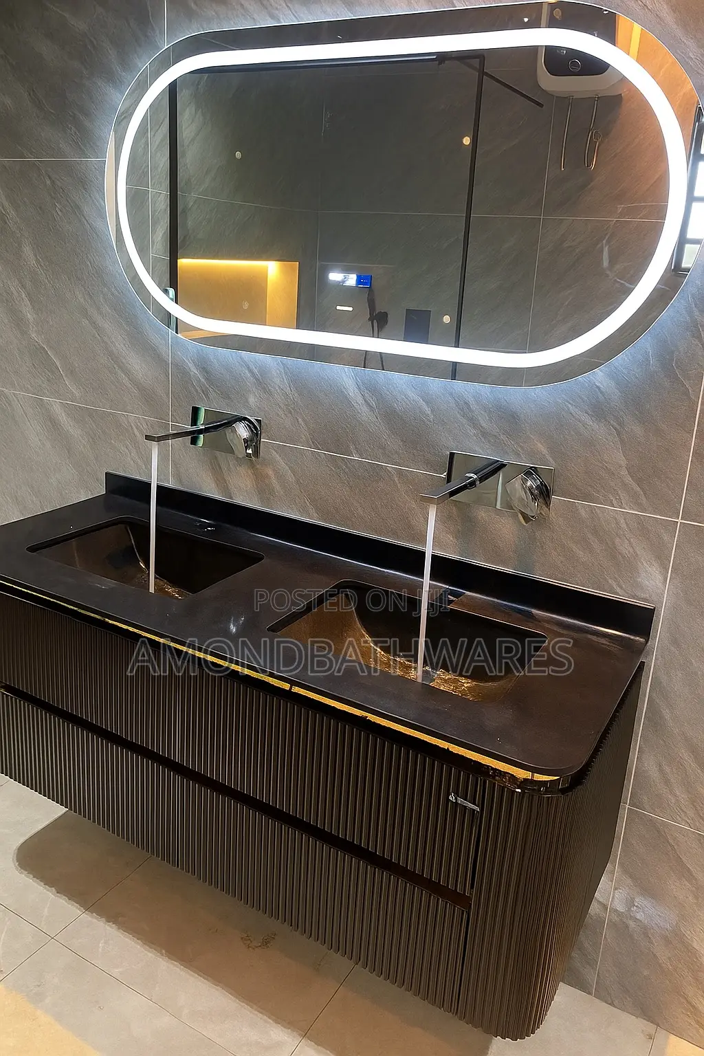 Black Marble Top Double Bowl PVC Cabinet