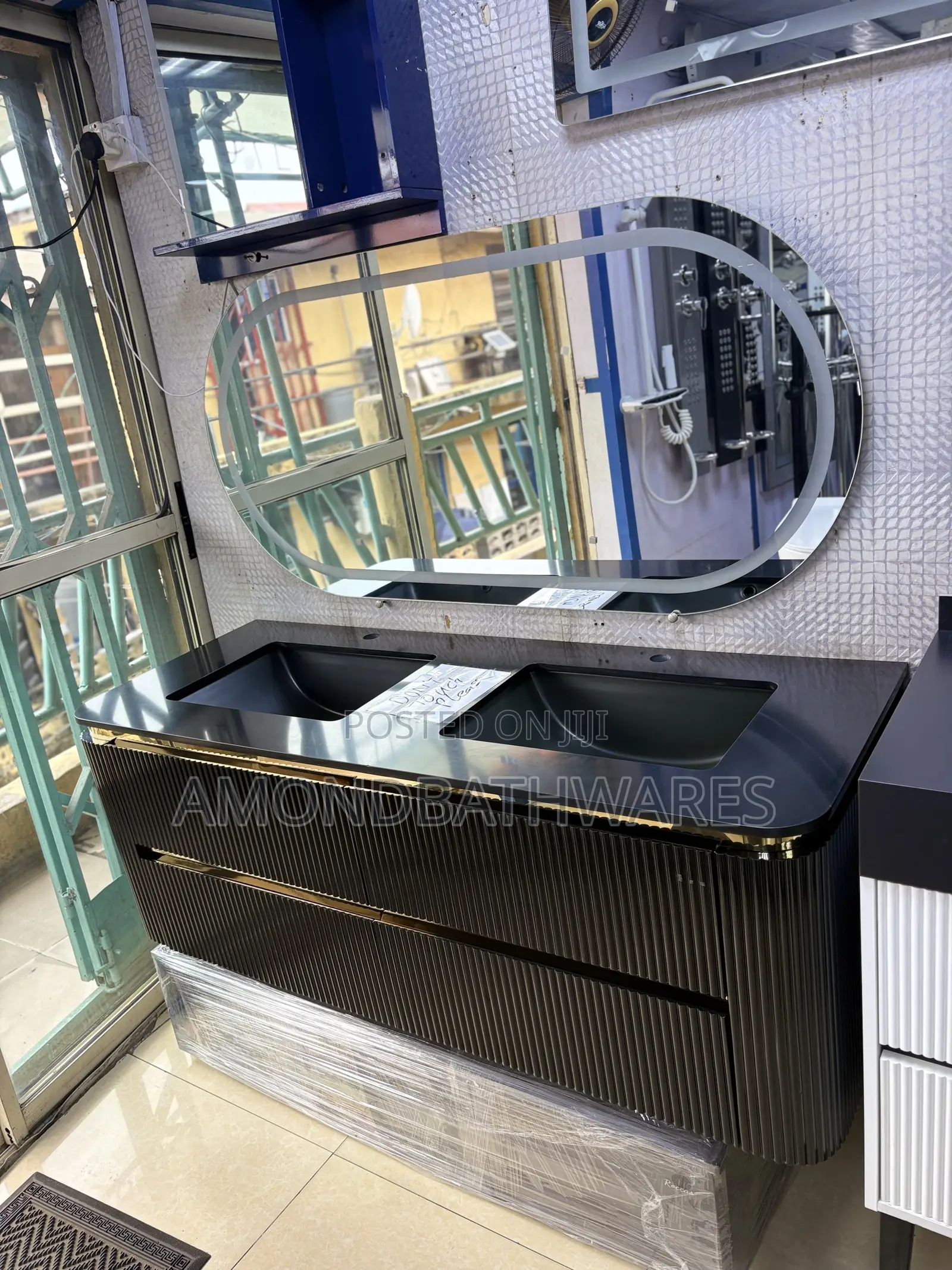 Black Marble Top Double Bowl PVC Cabinet