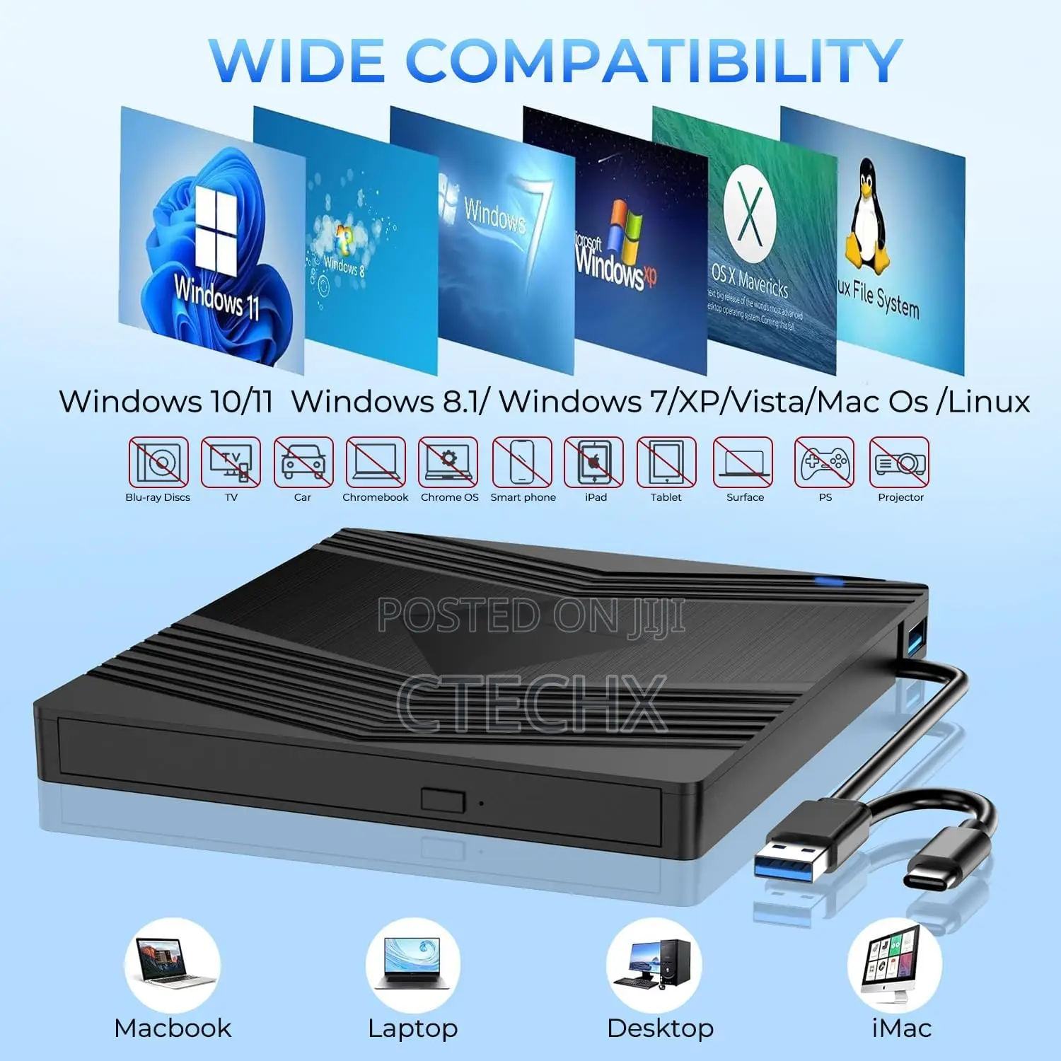 External Cd/DVD +/-Rw Drive Reader With Sd/Tf Slot 2 Usb C Ports