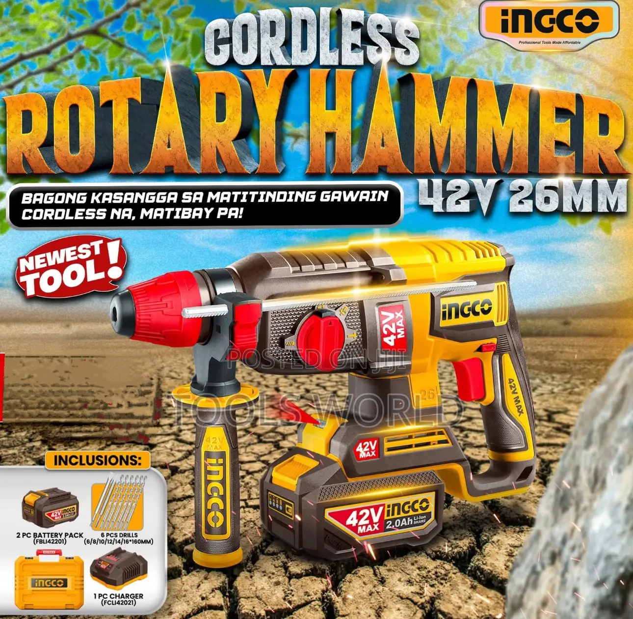 Ingco 42v Brushless 26mm 4-Mode Rotary Hammer 2x2.0ah Case