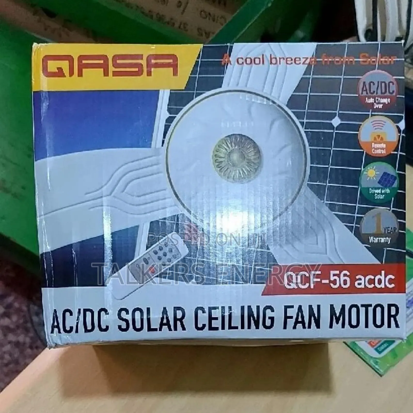 Qasa Solar Ceiling Fan 36watts 12v Ac and Dc 56inches With Remote