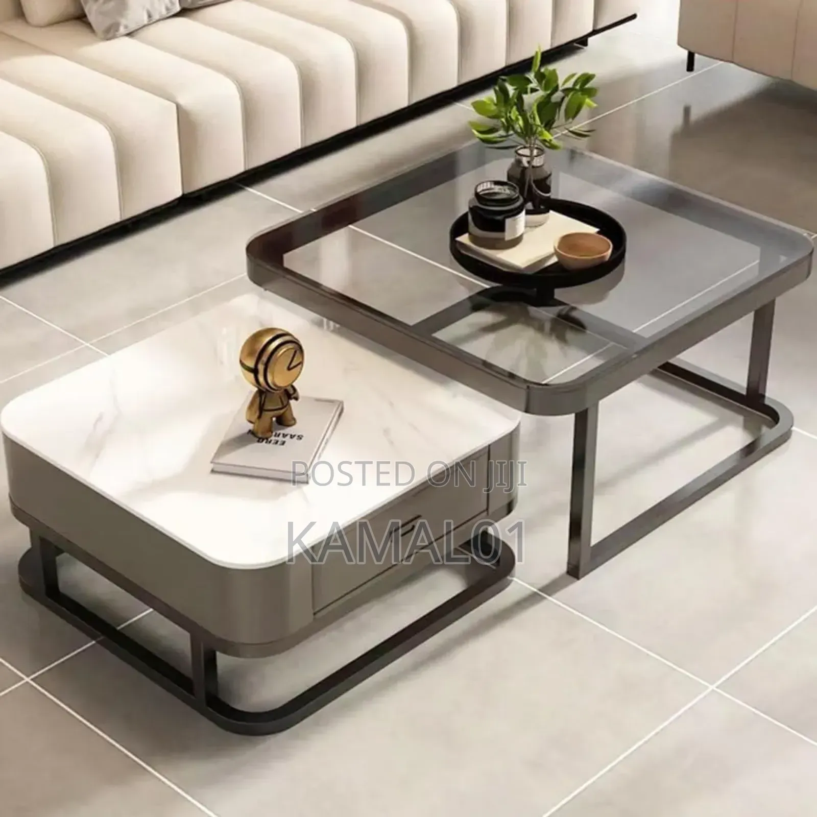 Marble and Tempered Glass Twin Center Table With Drawer