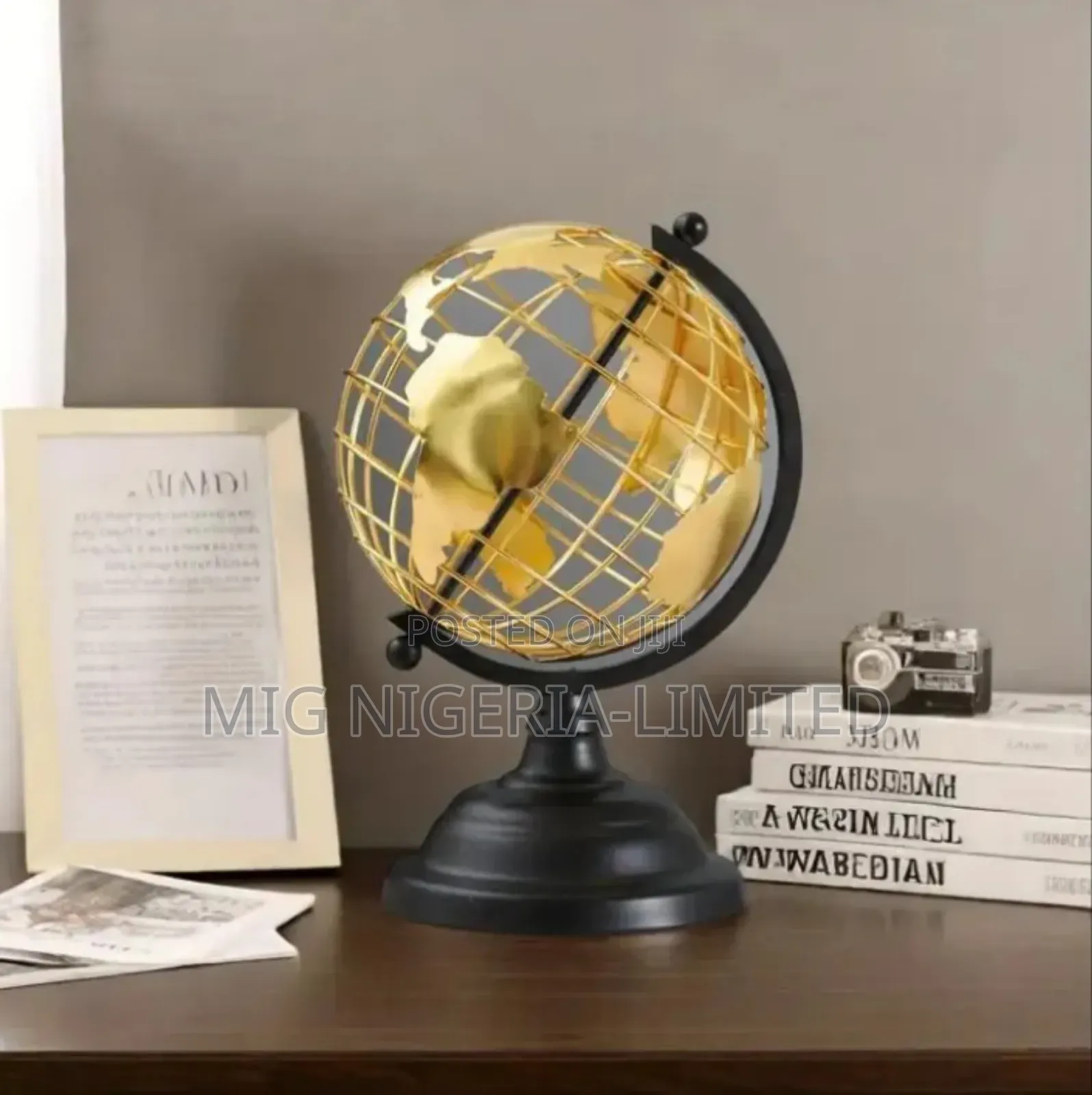 Aluminum Metal Gold World Globe With Black Base Table Decor