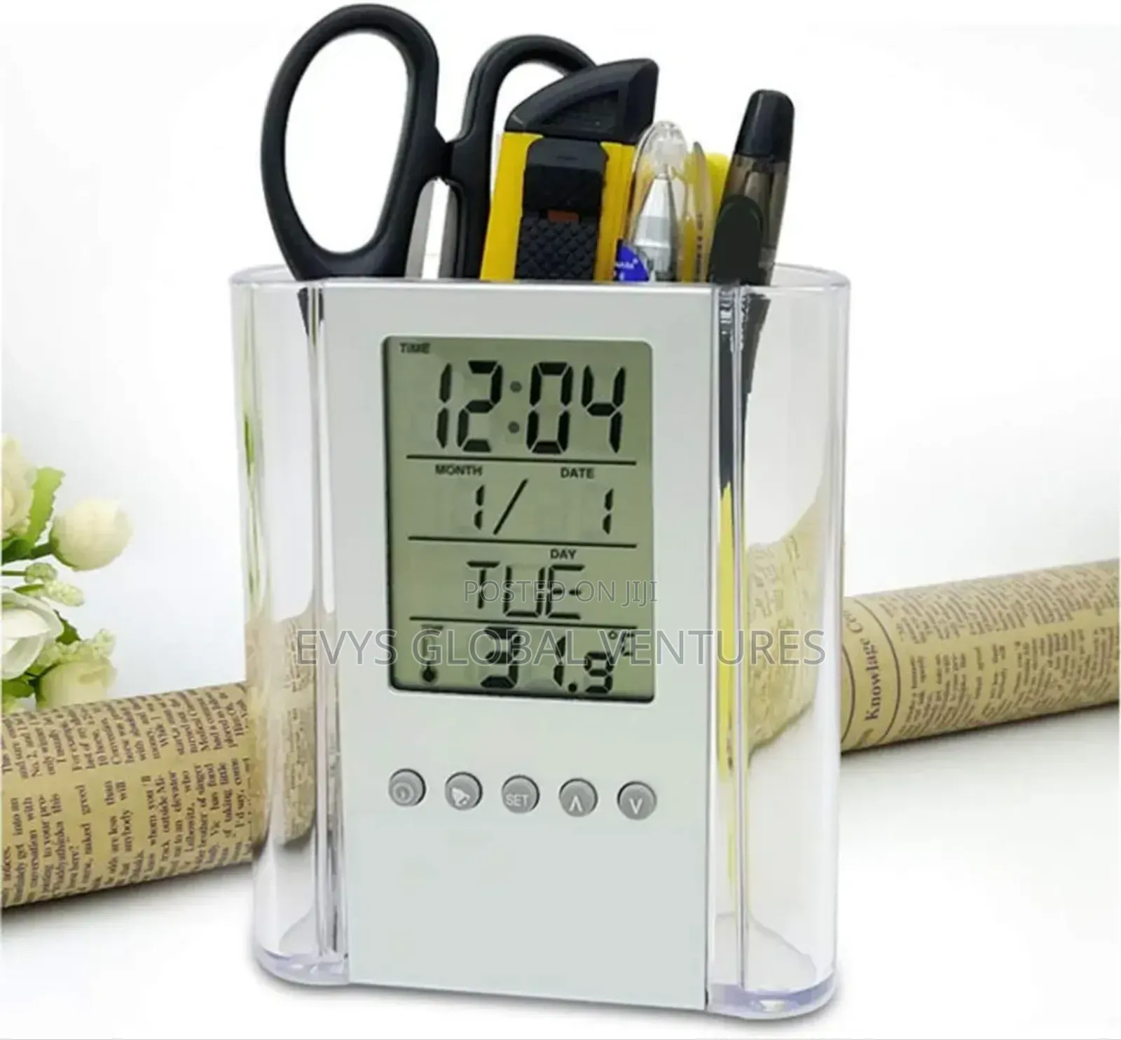 Pencil Holder Digital Desk Alarm Clock Pen Holder Calendar Timer