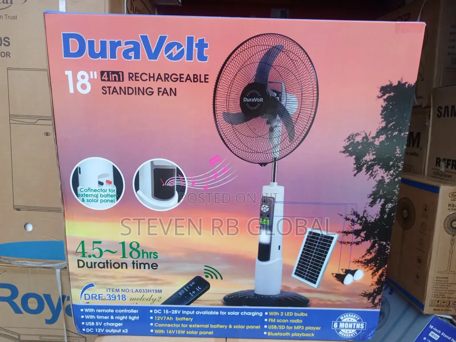 Duravolt 18′′ Rechargeable Solar Standing Fan | DRF-3918hr
