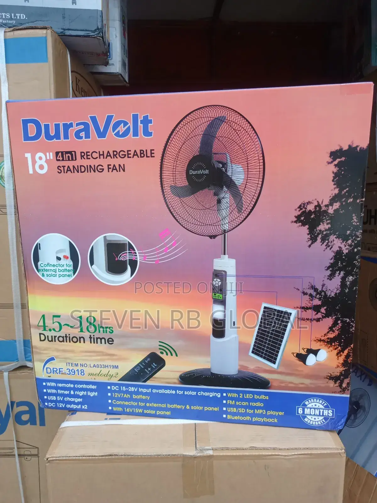Duravolt 18′′ Rechargeable Solar Standing Fan | DRF-3918hr