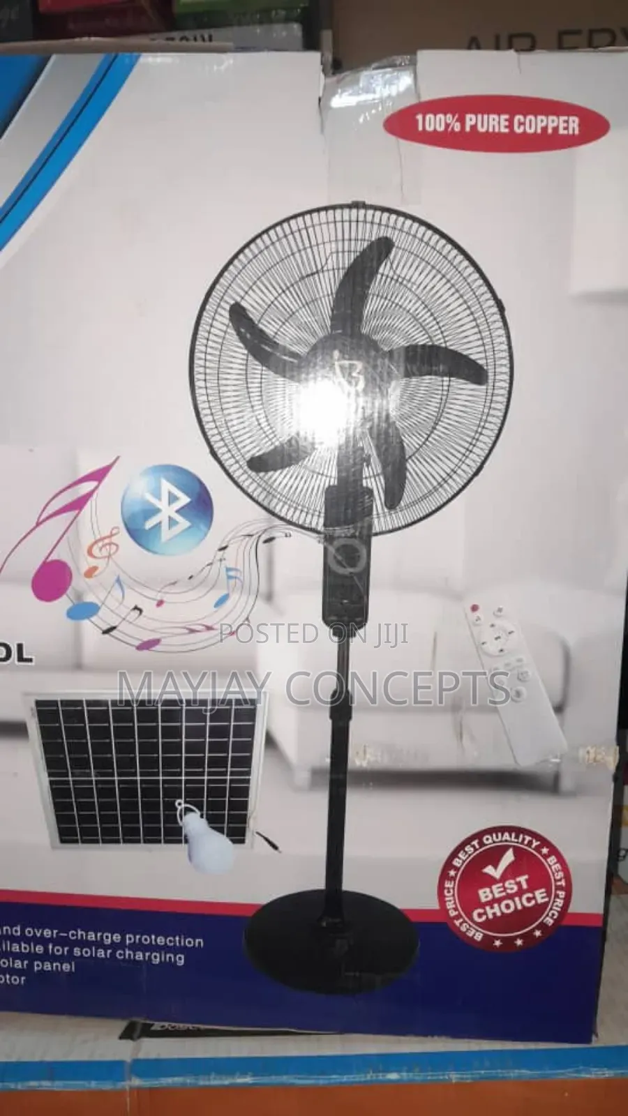 Bianco 18-Inch Rechargeable Solar Fan With Music and Voice Control
