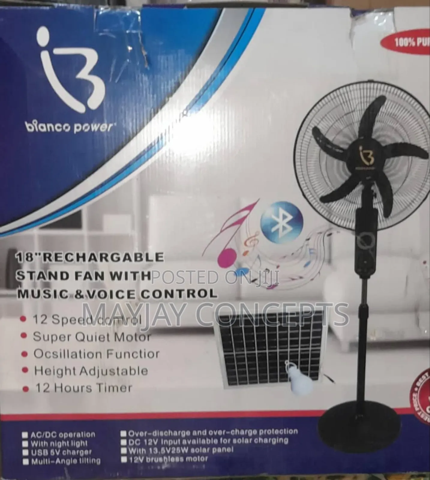 Bianco 18-Inch Rechargeable Solar Fan With Music and Voice Control