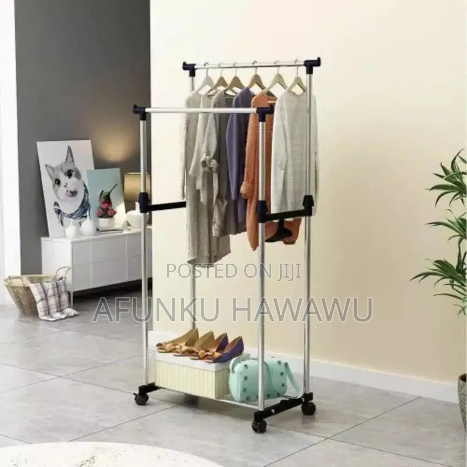 Double Pole 
Metal Clothes Rack With Hanging Hooks