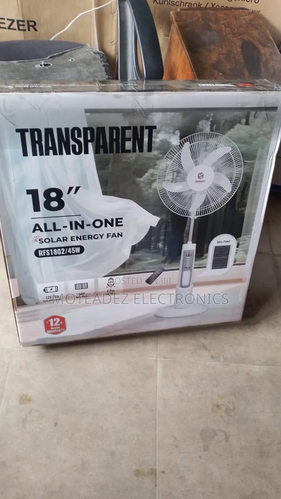 Transparent 18" (45w) Solar Rechargeable Ac/Dc Standing Fan With Panel