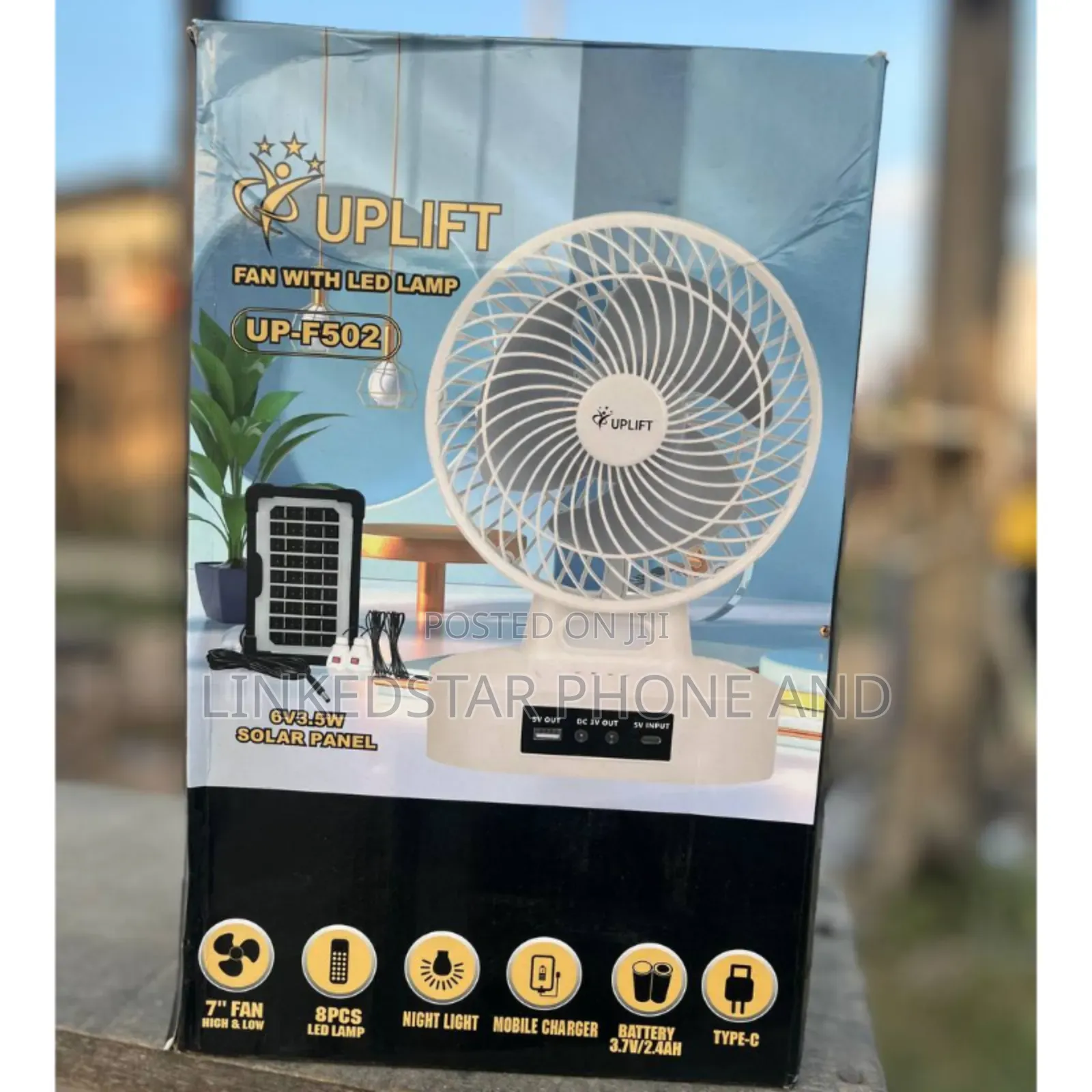 Upliift 7-Inch Rechargeable Table Fan With Solar Panel and Bulbs