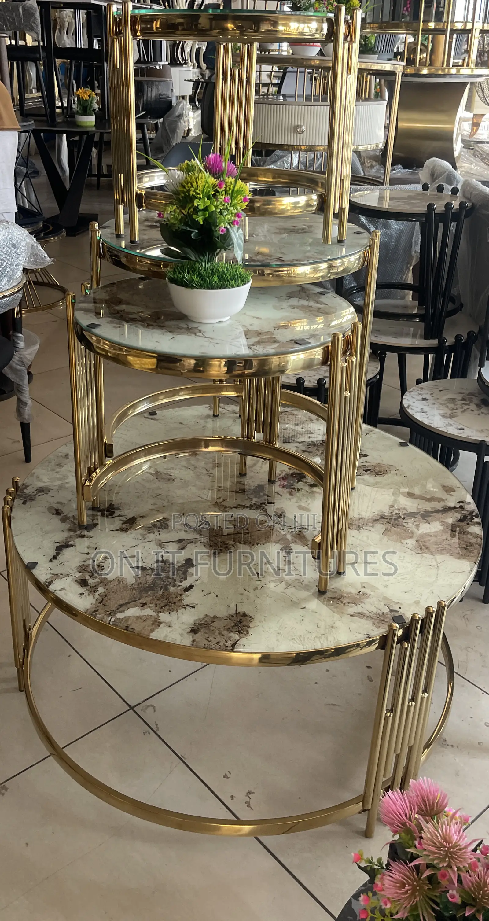 Luxury Gold Marble Center Table + 3 Nesting Stools