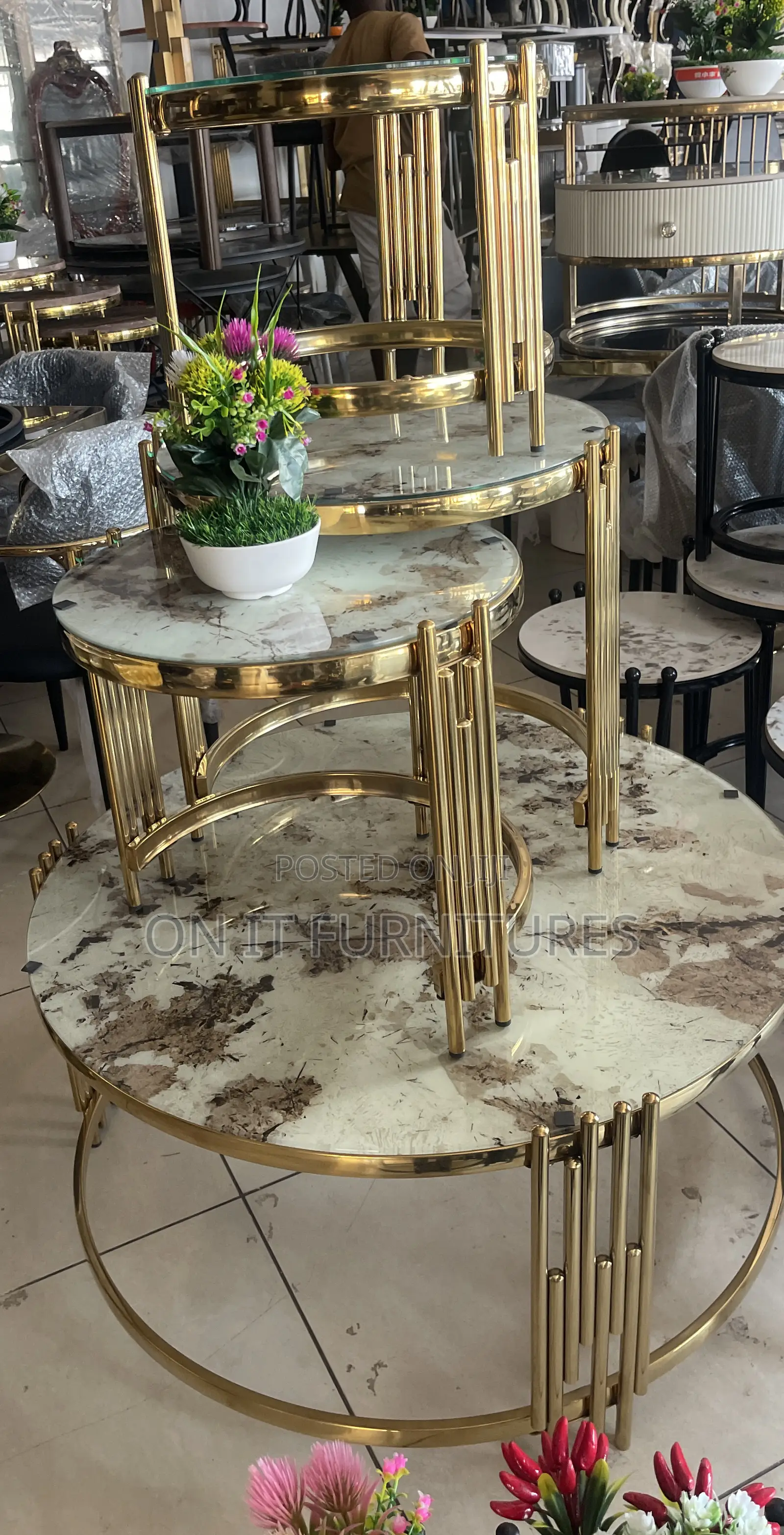 Luxury Gold Marble Center Table + 3 Nesting Stools