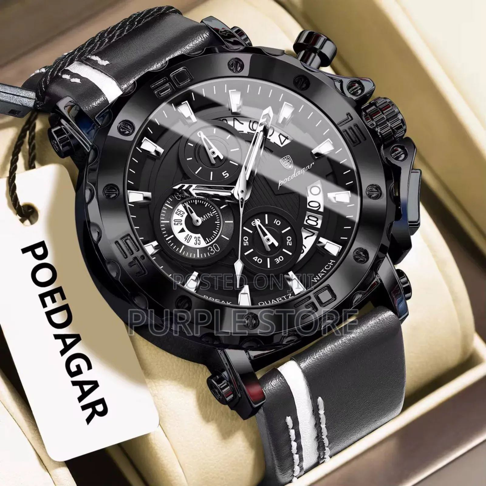 Solid Quality Poedagar Chronograph . Leather Watches 