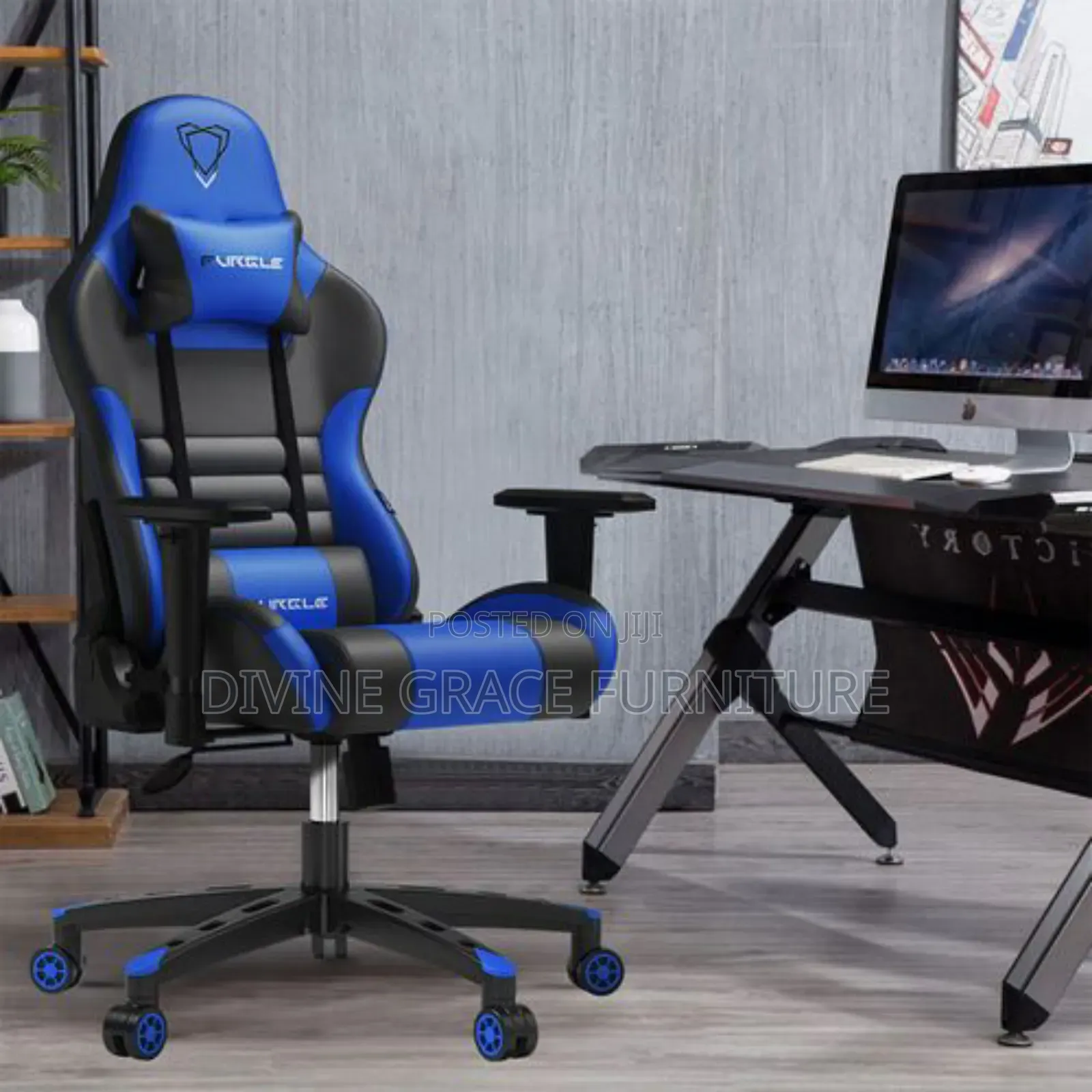 Blue And Black Gaming Chair And Table