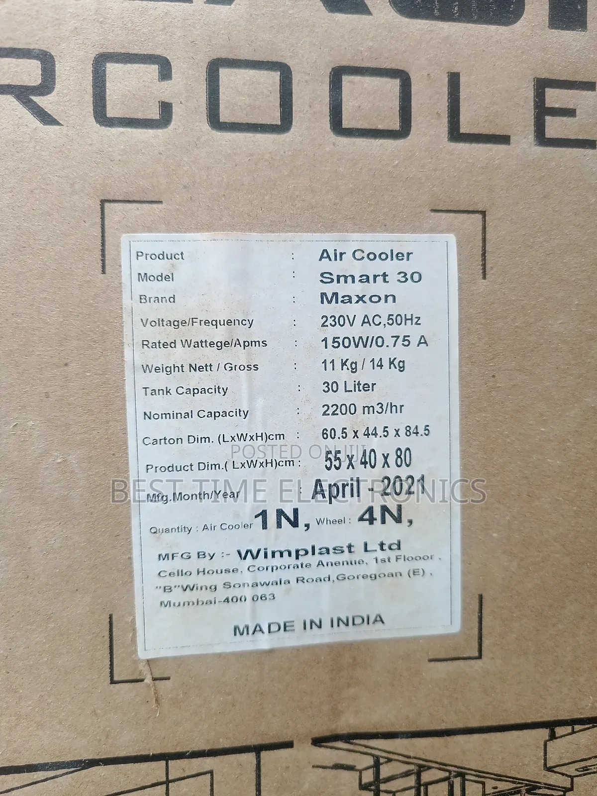 Maxon 30ltrs Electrical Aircooler