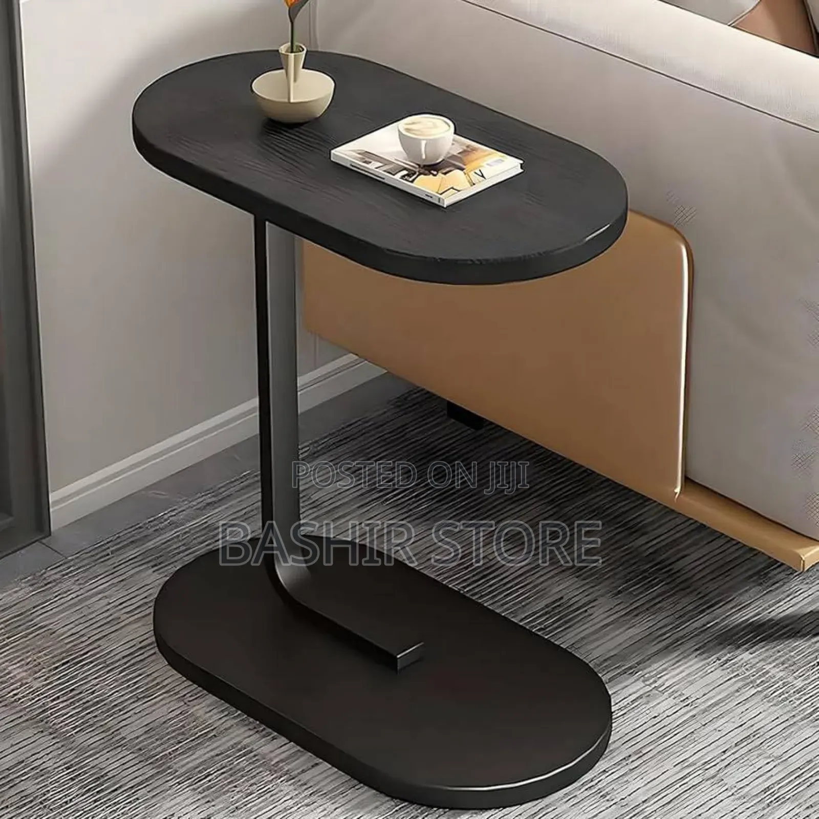C-Shaped Compact Sofa Side End Table With an Oval Top