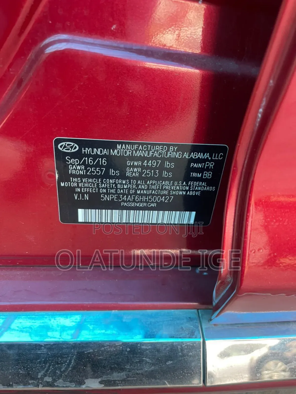 Hyundai Sonata Limited 2.0T Seban (2.0L 4cyl 6A) 2017 Red