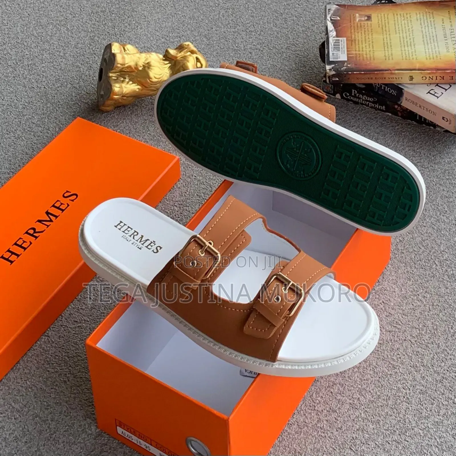 Latest Design Brown and White Hermes Pam Slippers