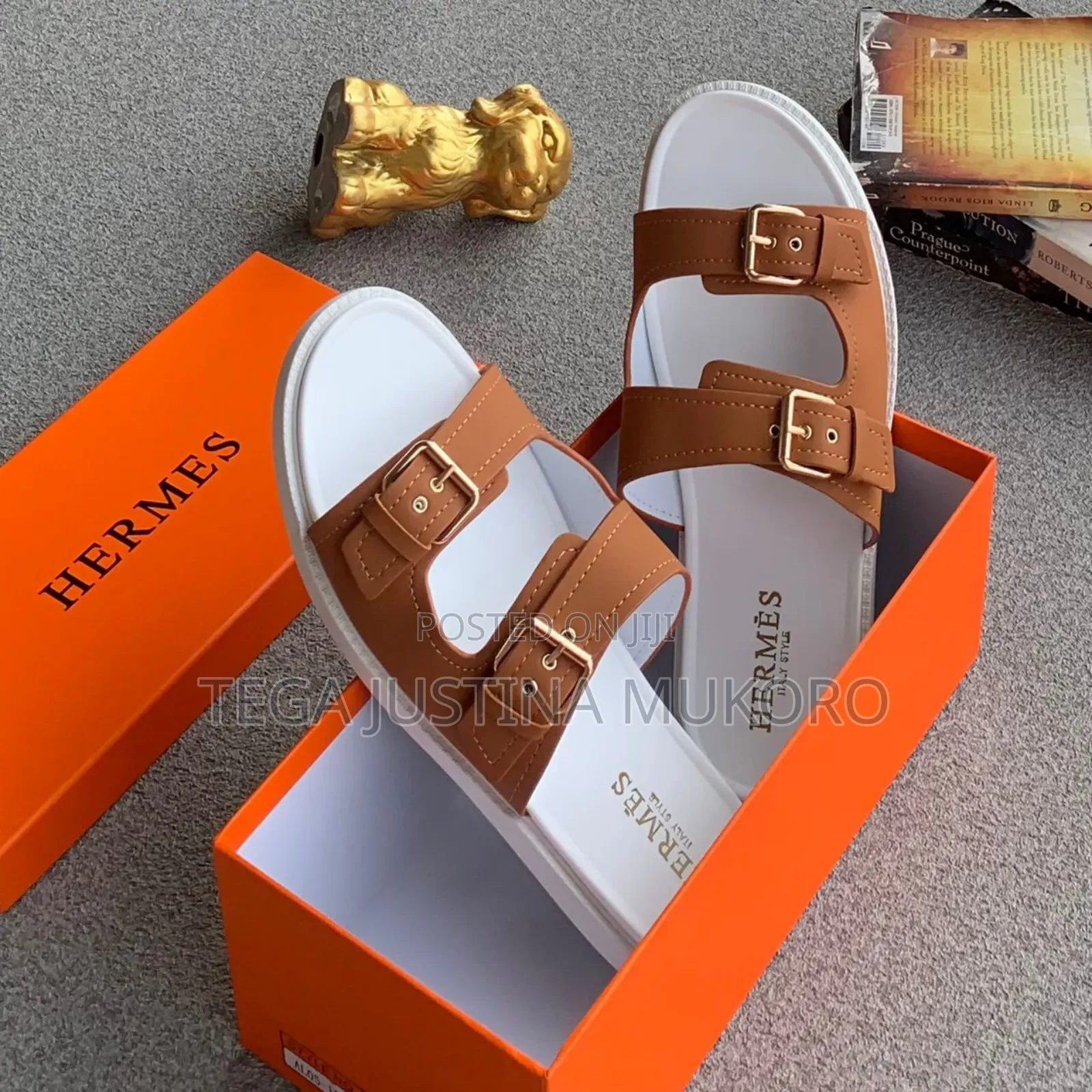 Latest Design Brown and White Hermes Pam Slippers