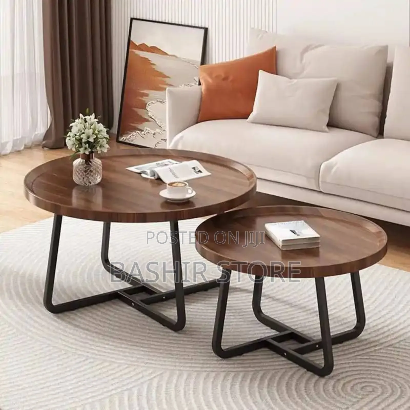Coffee Tables With a Wood-Finish Top and Black Metal U-Shaped Legs.