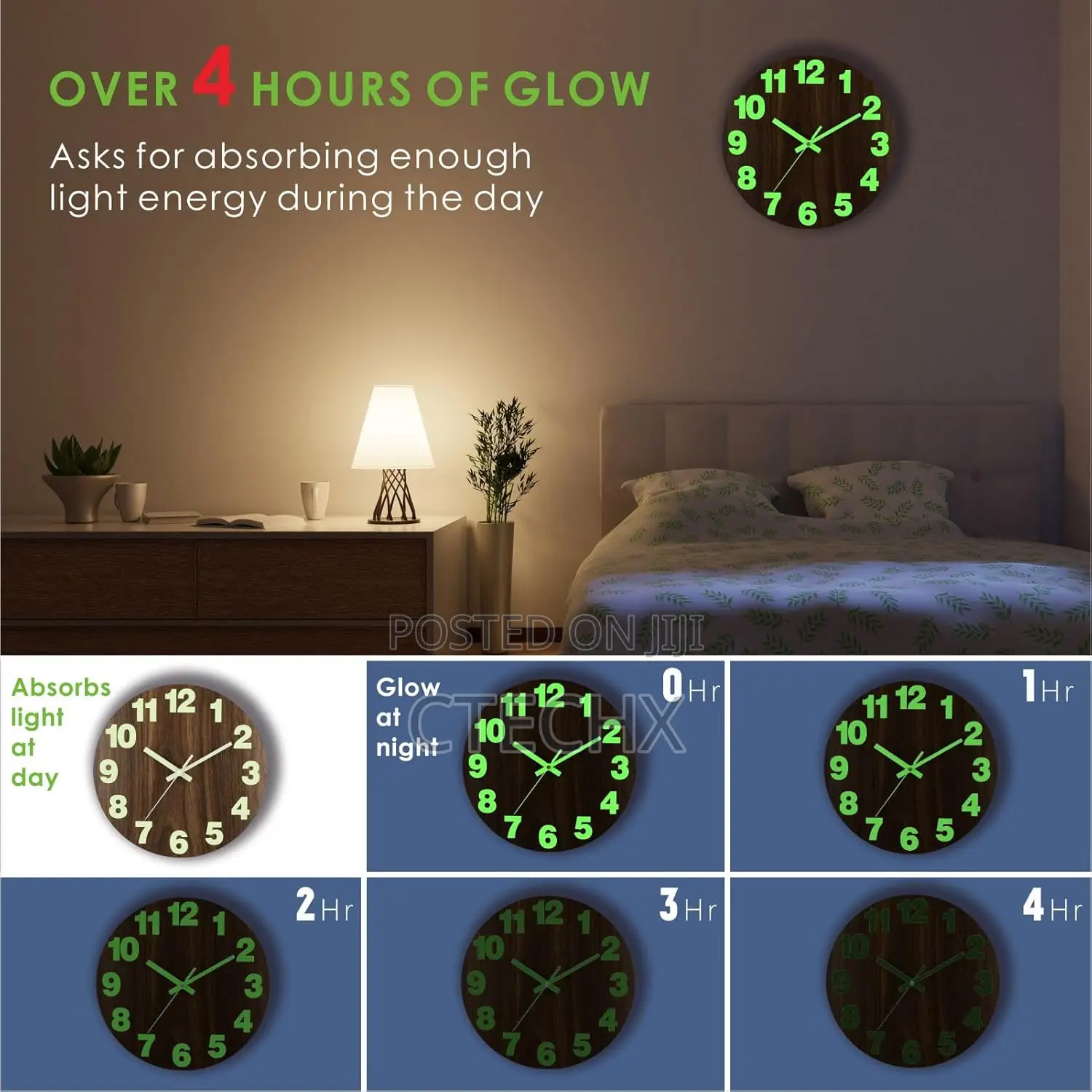 Plumeet Night Light Wall Clock, 16 Inch Wooden Glow in the Dark Clock