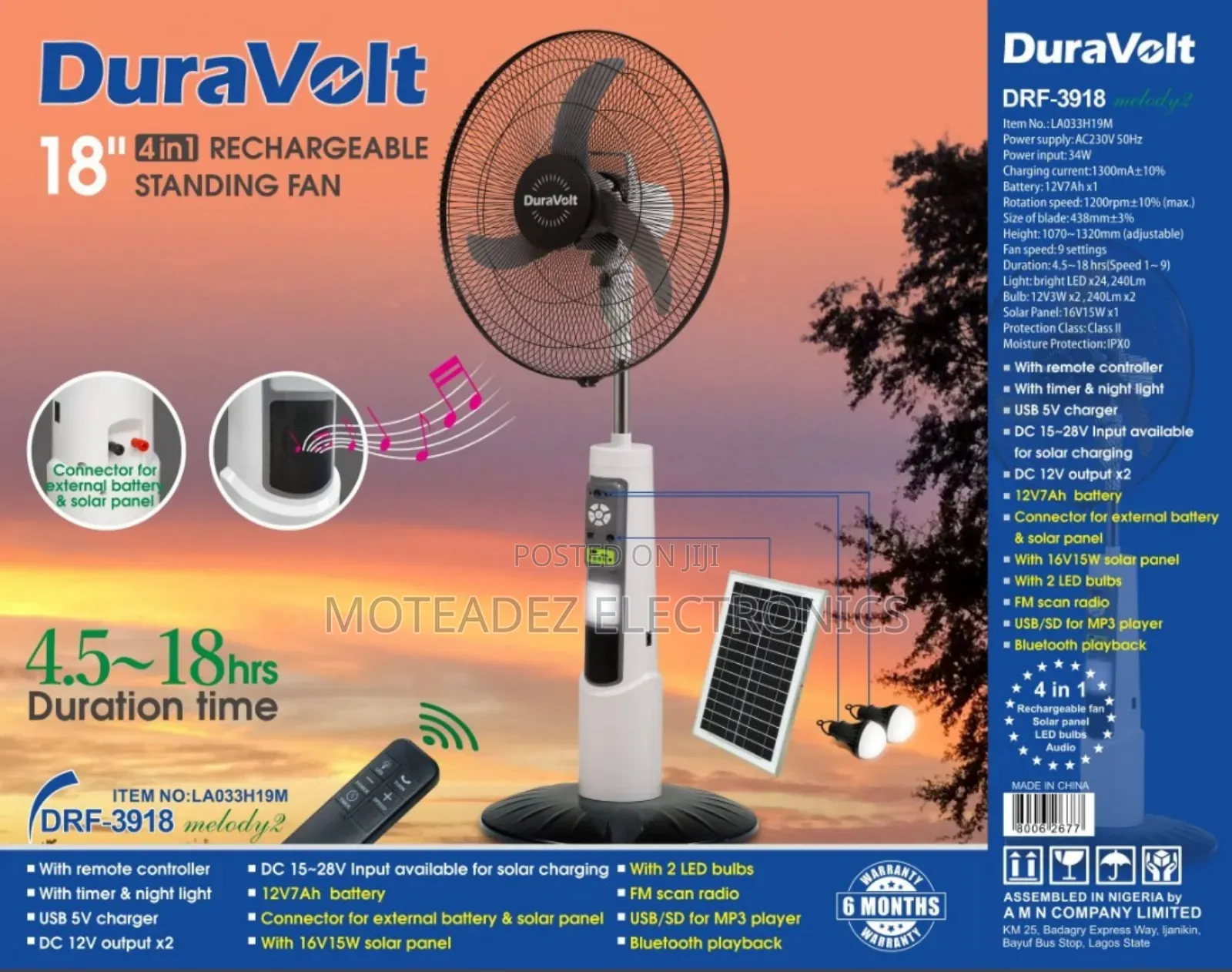 Duravolt (3in1) 18" Solar Rechargeable Fan With 2bulbs And Solar Panel