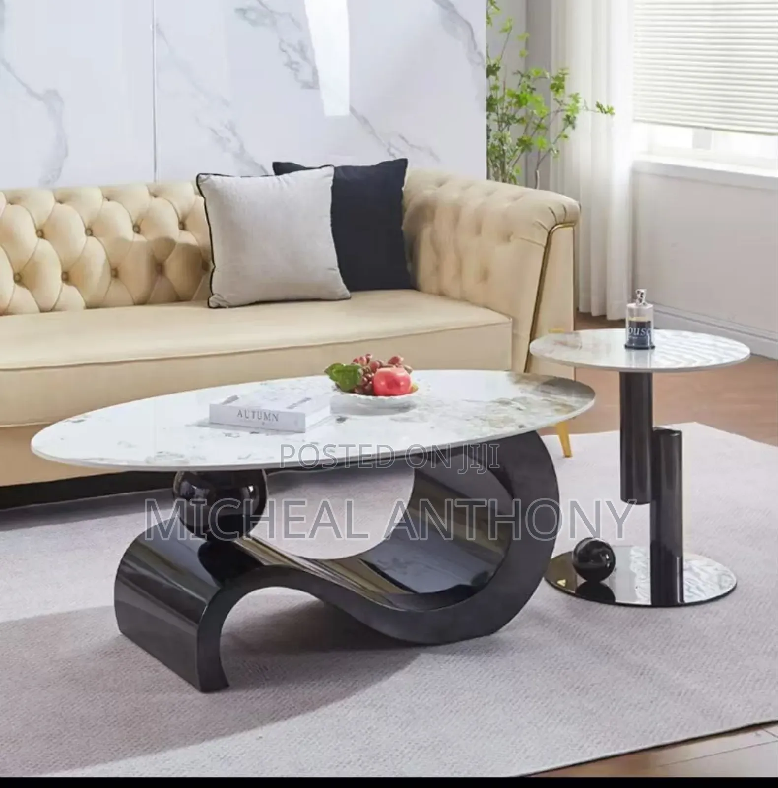 Black Center Table With One Side Stool.