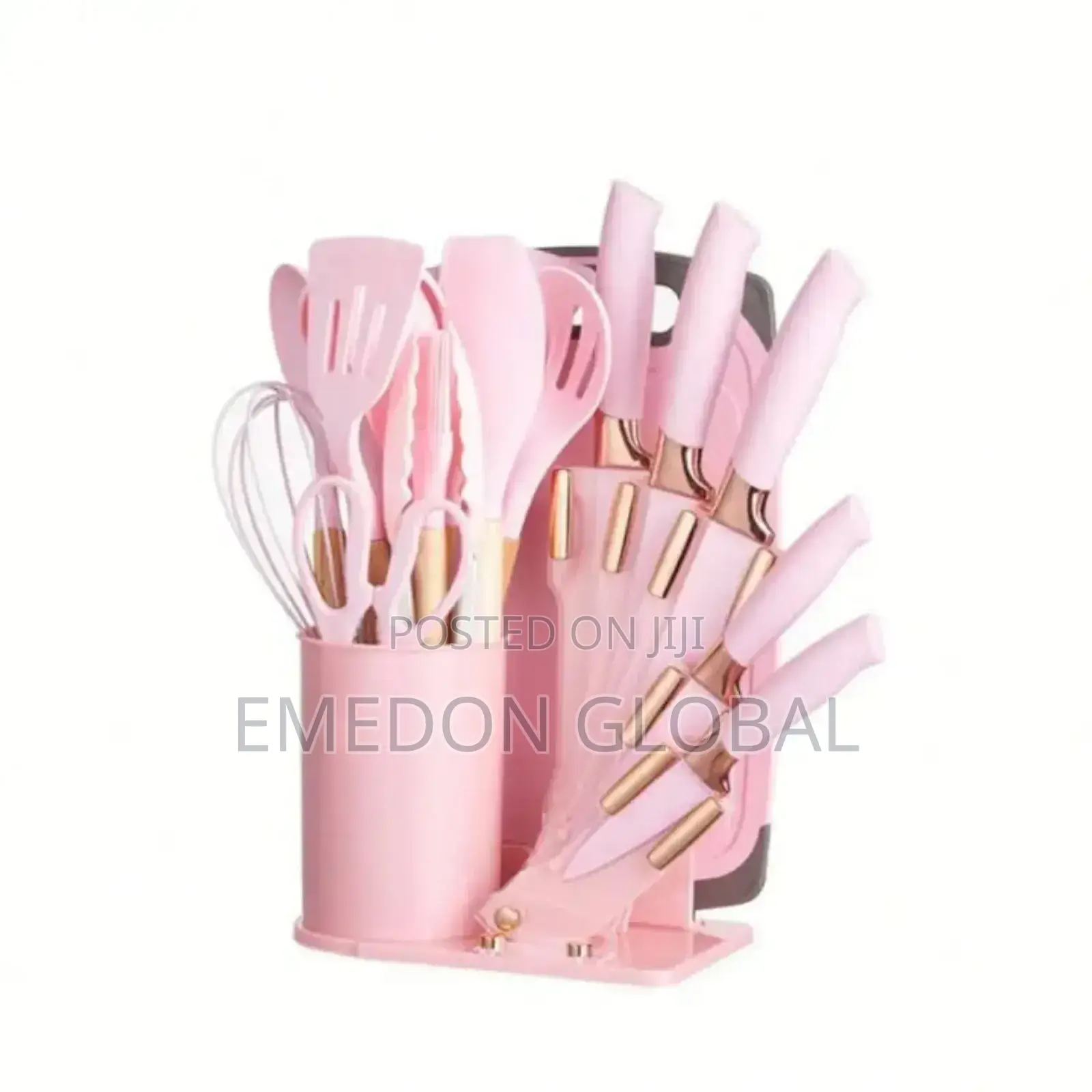A Set of Pink Silicone Cooking Utensils and Kitchen Knives