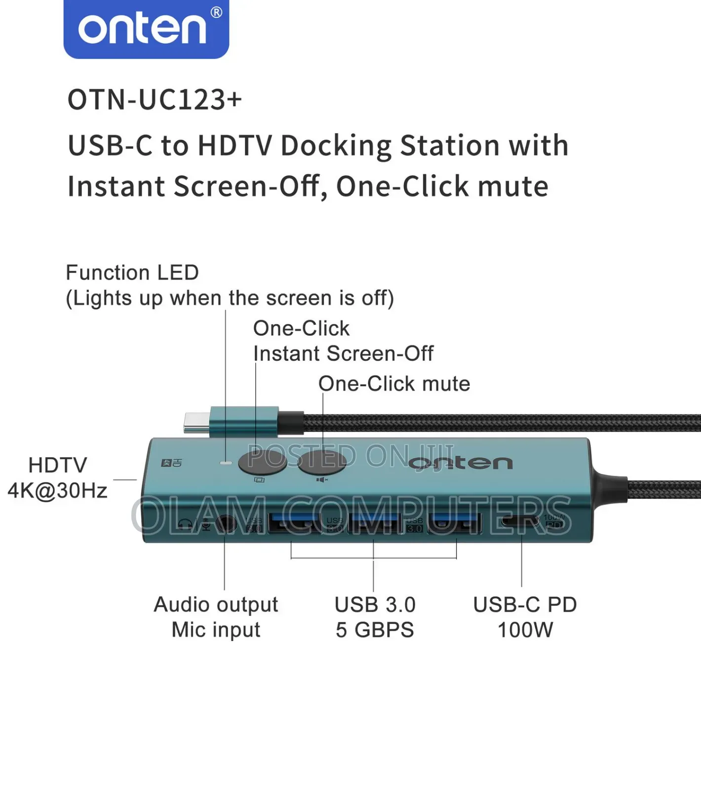 Onten Usb-C to HDTV Adapter With 3-Port Hub Otn-Uc123