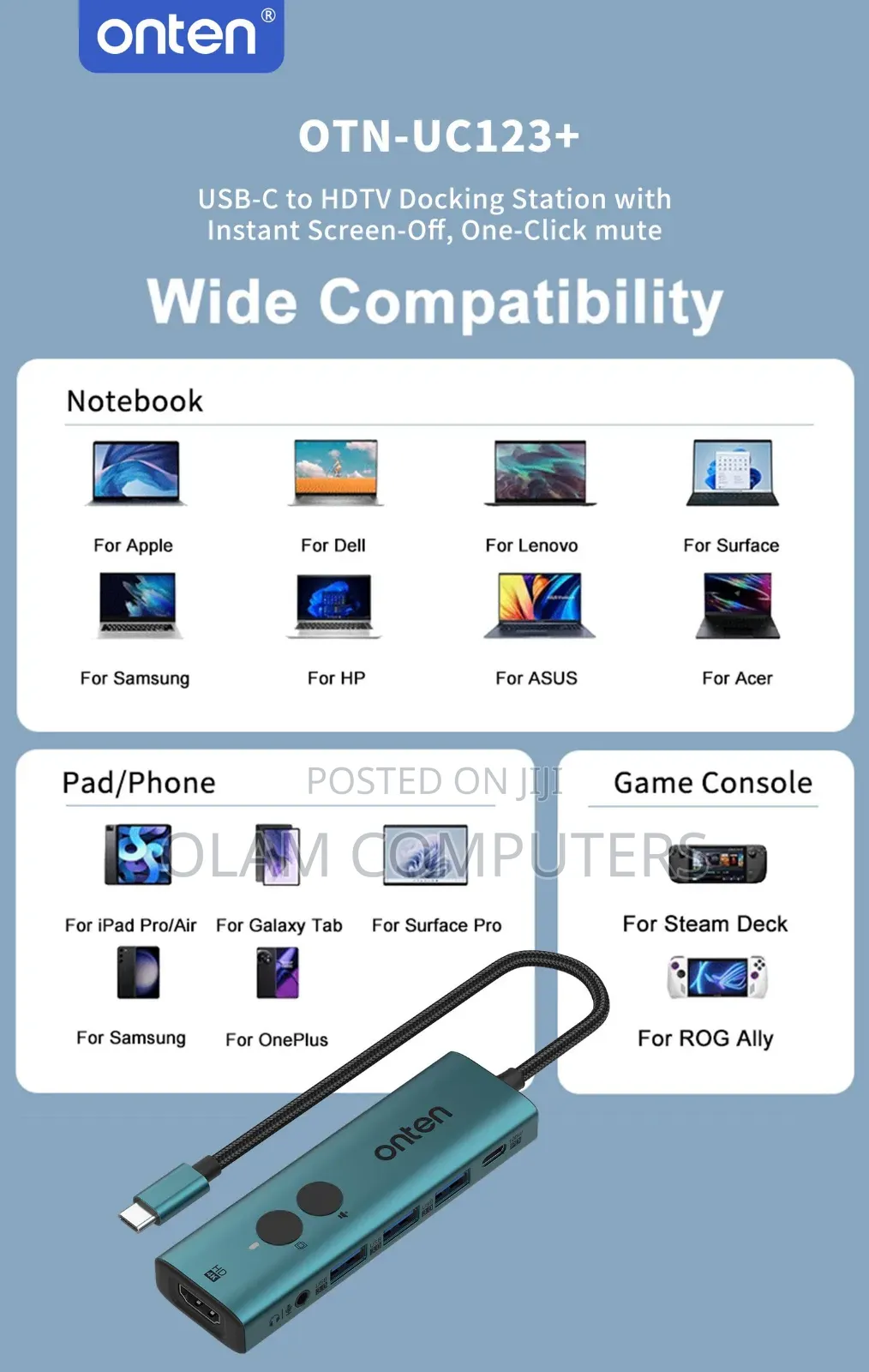 Onten Usb-C to HDTV Adapter With 3-Port Hub Otn-Uc123