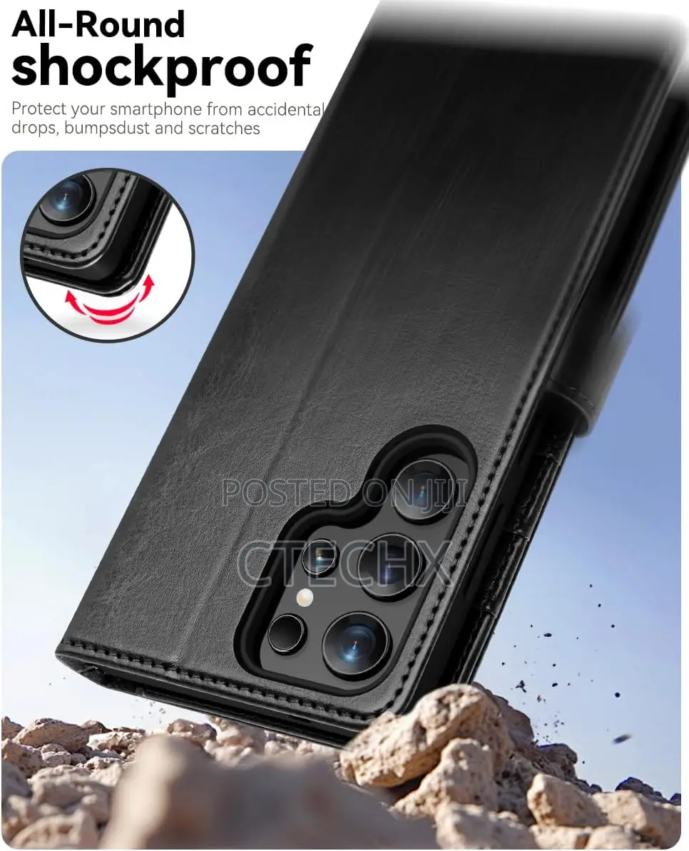 Galaxy S25 Ultra Case Leather Wallet, Magnetic Flip Folio Cover Black