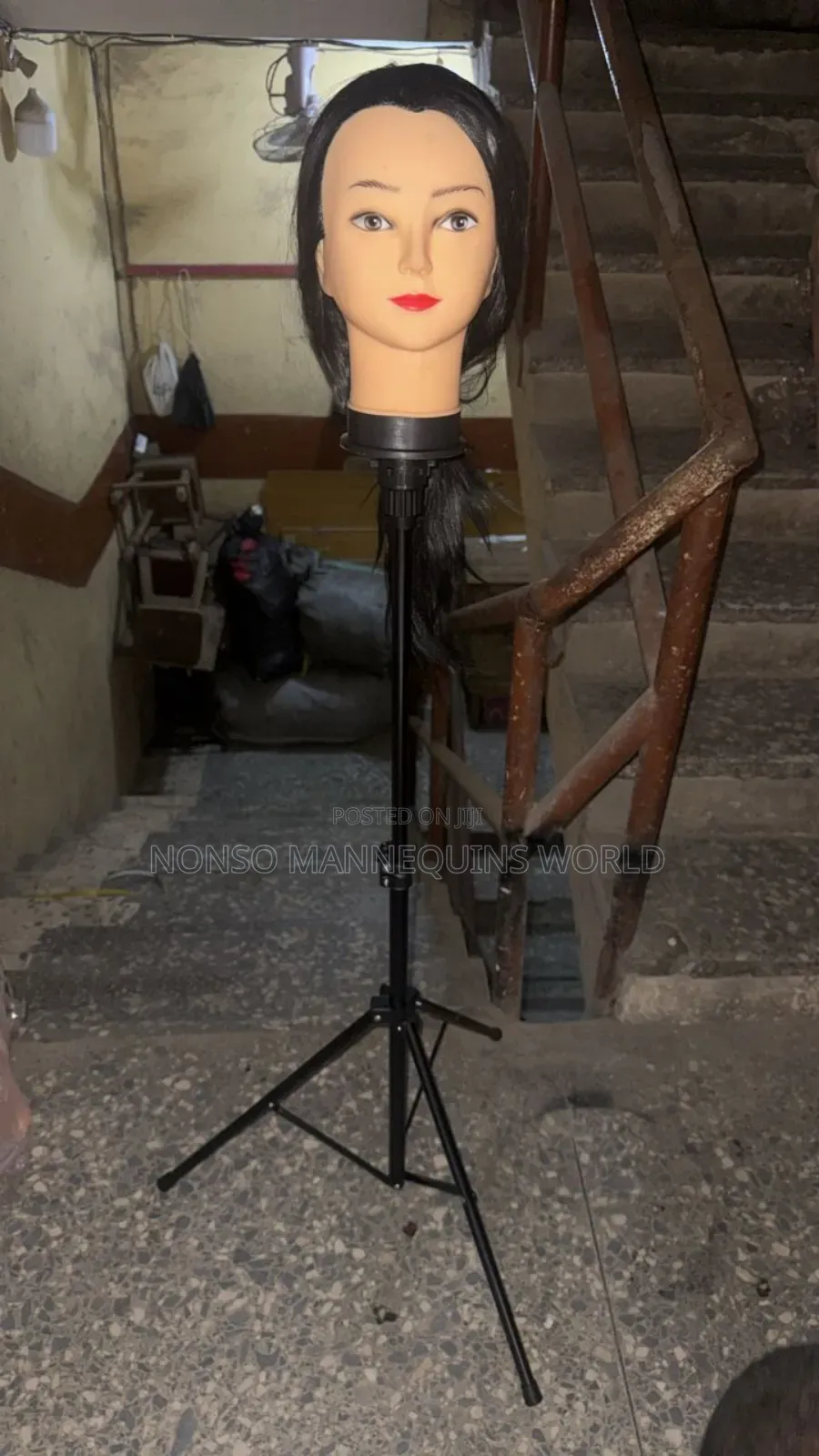 Tripod Stand With Female Mannequin Head With Hair