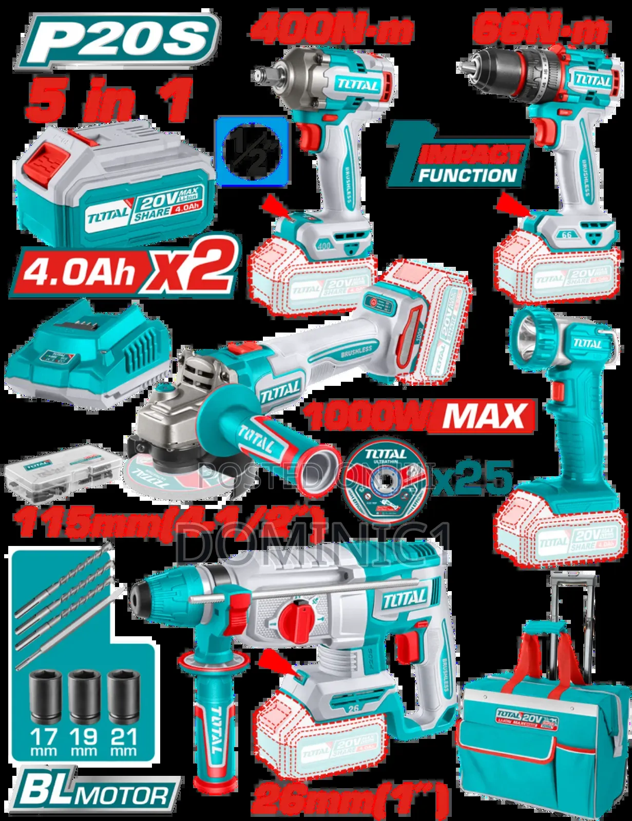Total 5-piece 20v Industrial Cordless Combo Kit (Model Tckli20592e).