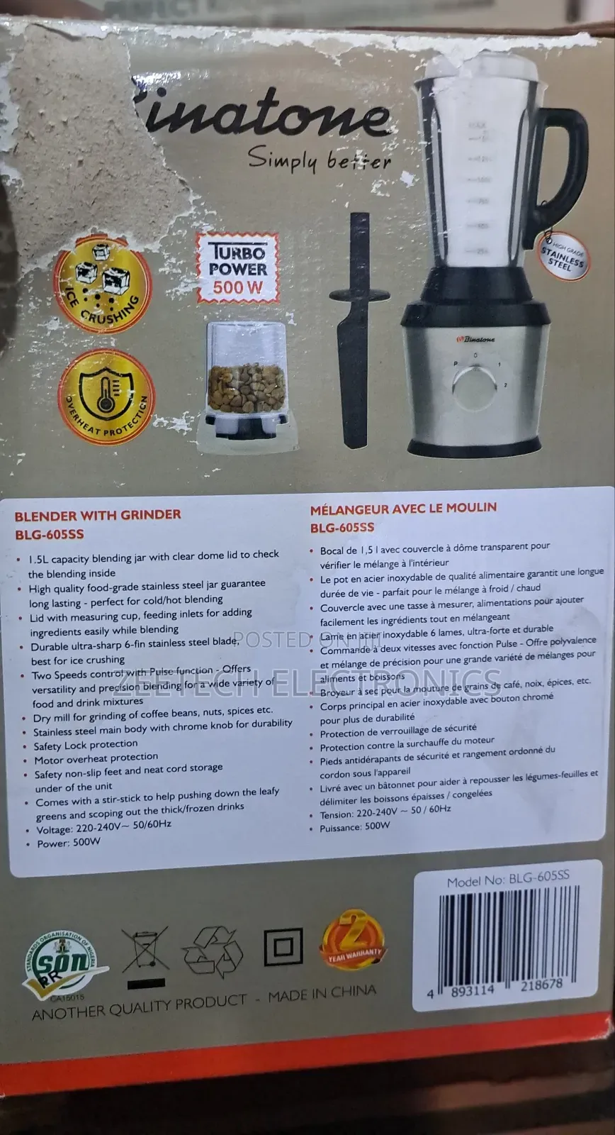 Binatone BLG-605ss Stainless Steel Blender With Grinder.