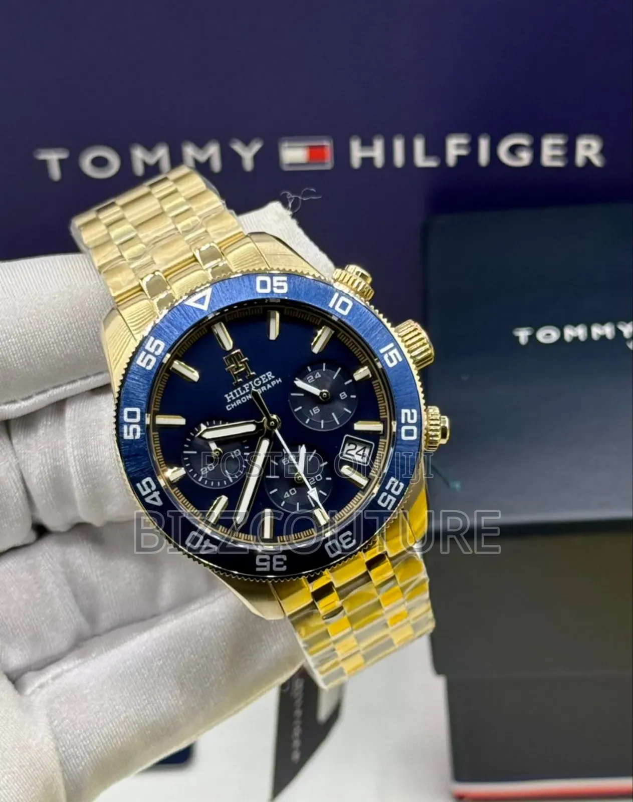 Original Tommy Hilfiger Blue Dial Gold Steel Chain Available Instore
