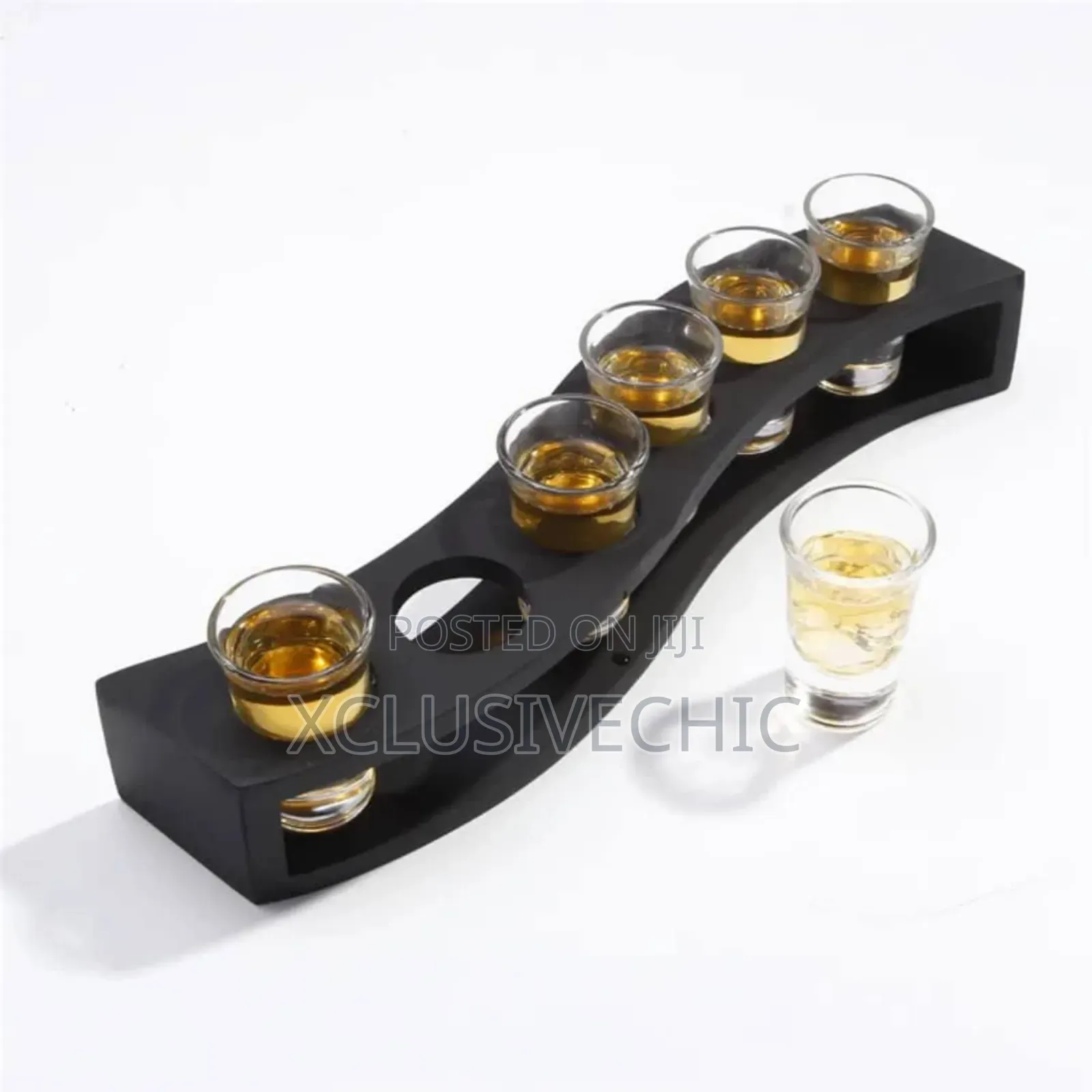 6 Holes Curved Bamboo Tequila Shot Tray With 6pcs Shot Glass
