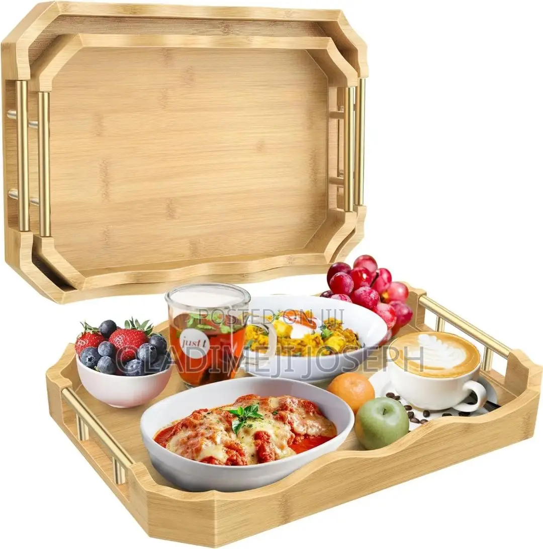 Quality 3in1 Bamboo Tray Set With Metal Gold Handle