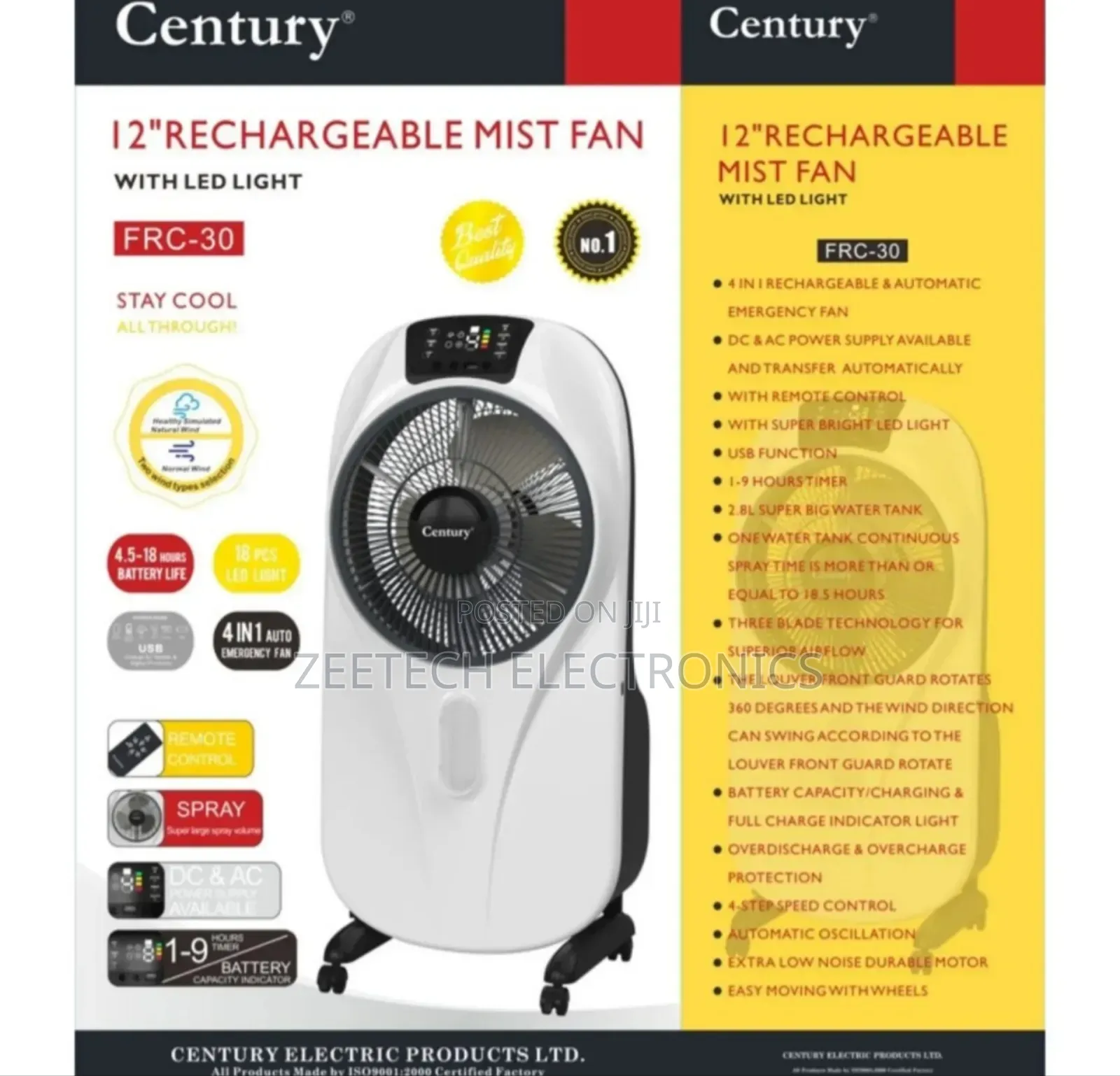 Century 12" Rechargeable Mist Fan With Led Light, Model FRC-30.