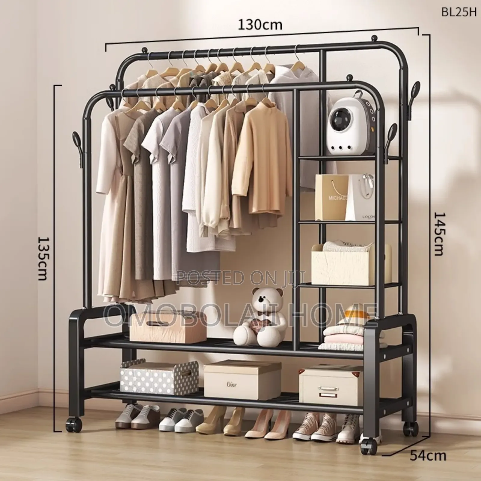 88 Kg Double Pole Hanger Heavy Duty Metal Cloth Rack With Tyre