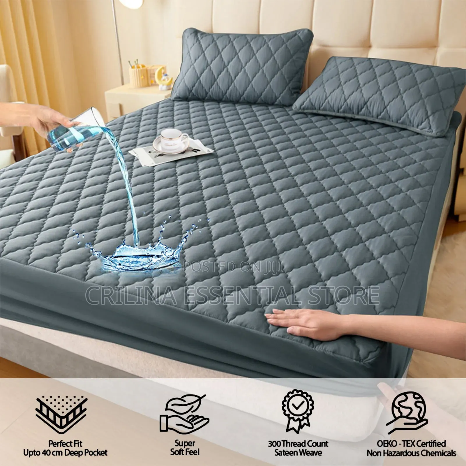 Water-proof Mattress Cover With 2 Pillow Cases (Different Sizes)