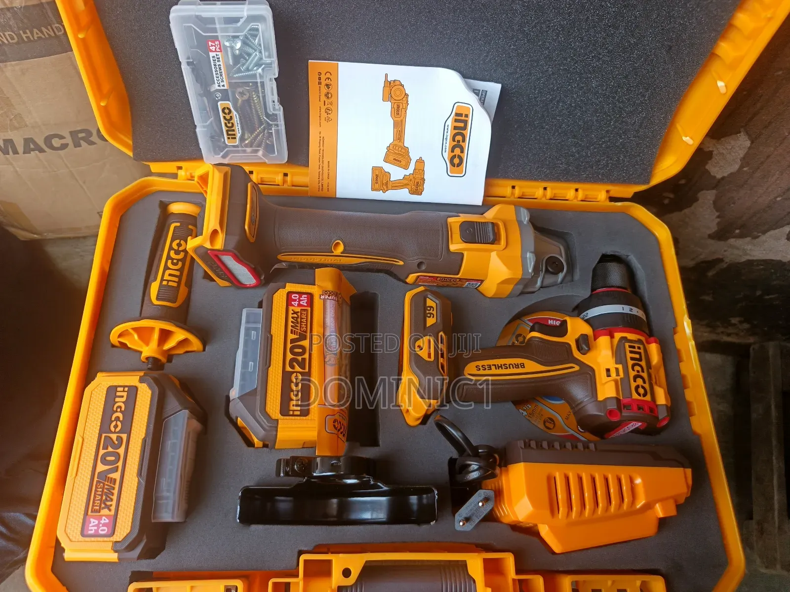 Ingco 2-in-1 Brushless Cordless Combo Kit Angle Grinder Impact Drill.