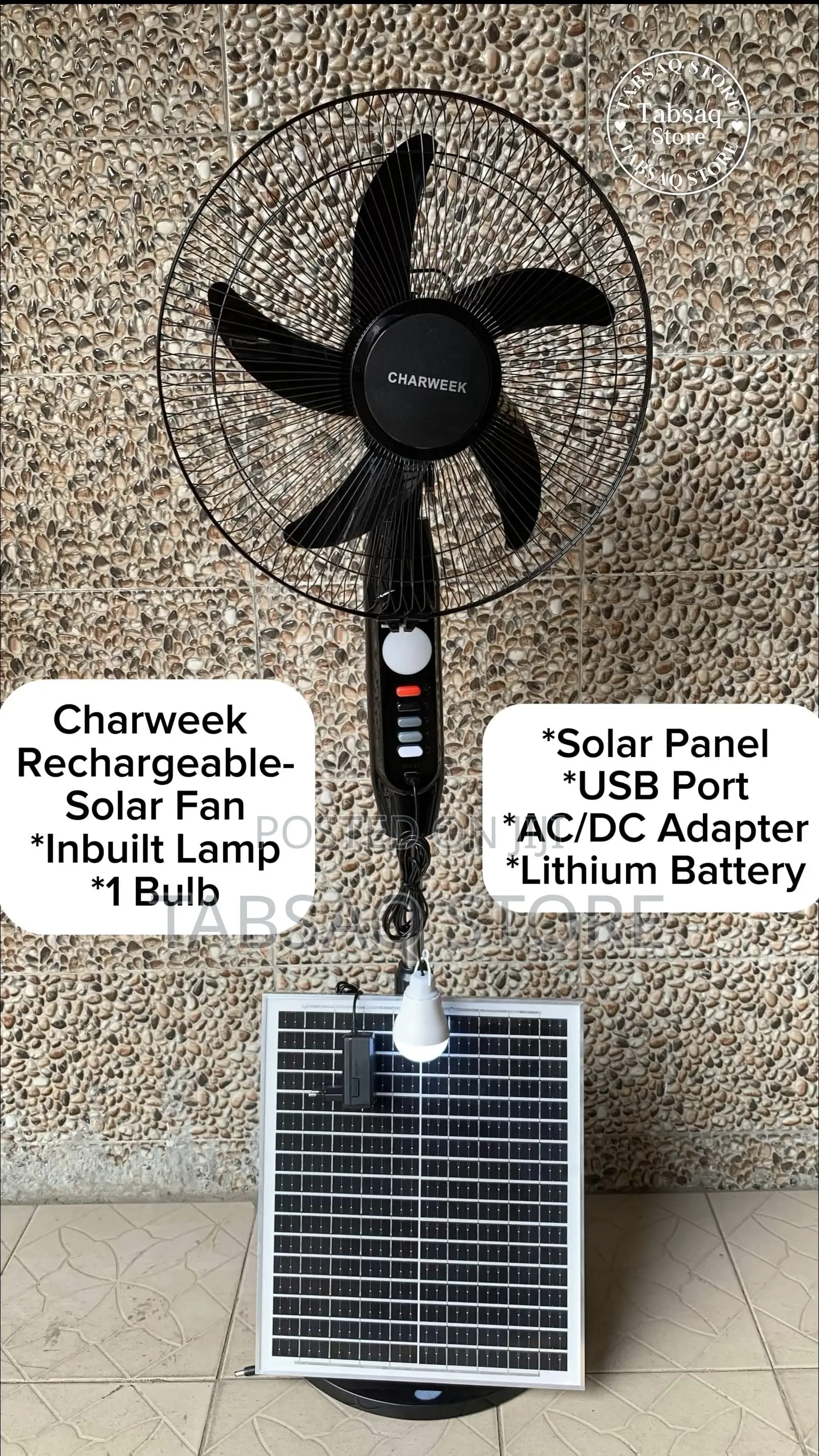 Charweek Ac/Dc Solar-Rechargeable 16-Inch Stand Fan + Free Gift