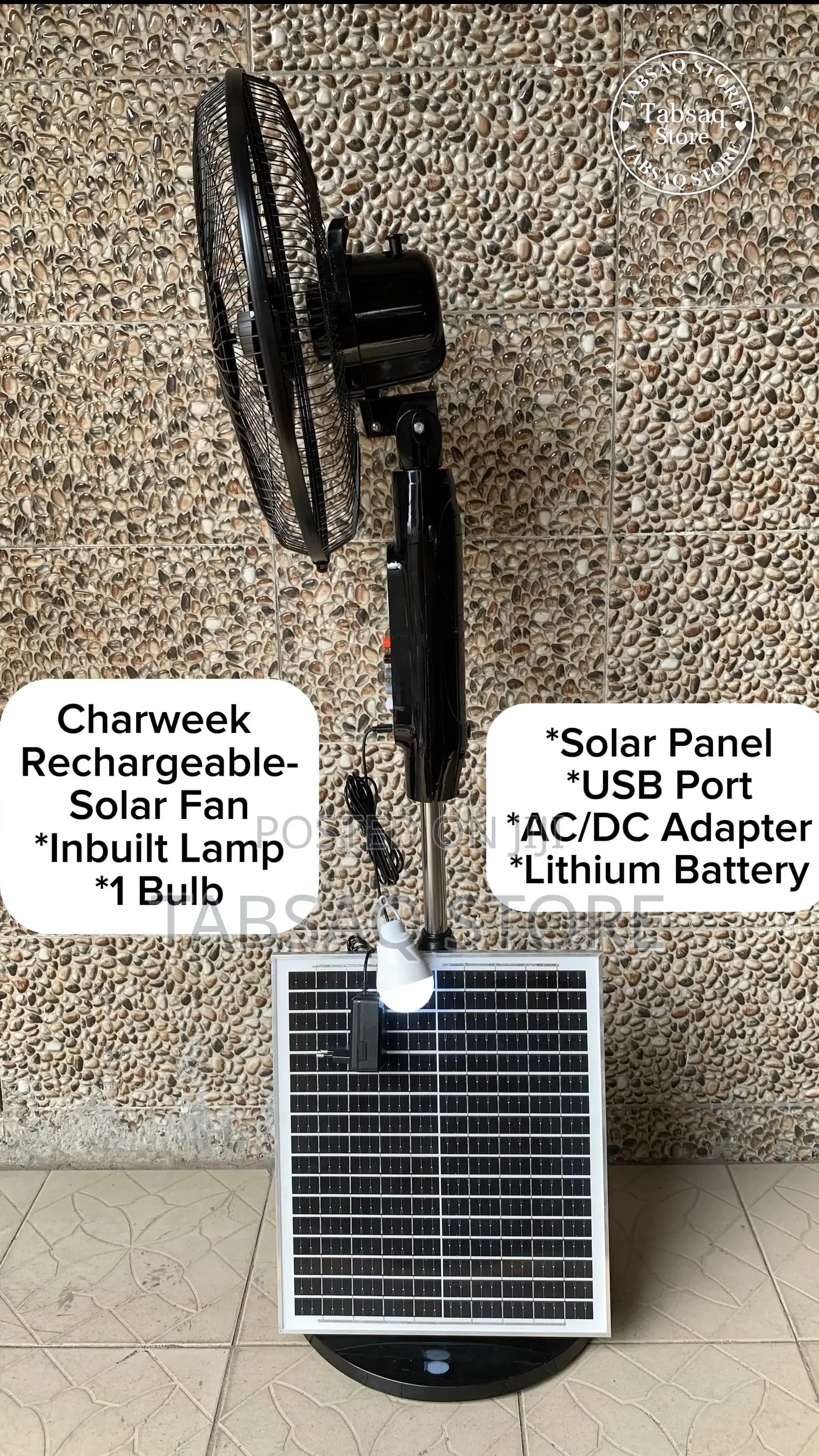 Charweek Ac/Dc Solar-Rechargeable 16-Inch Stand Fan + Free Gift