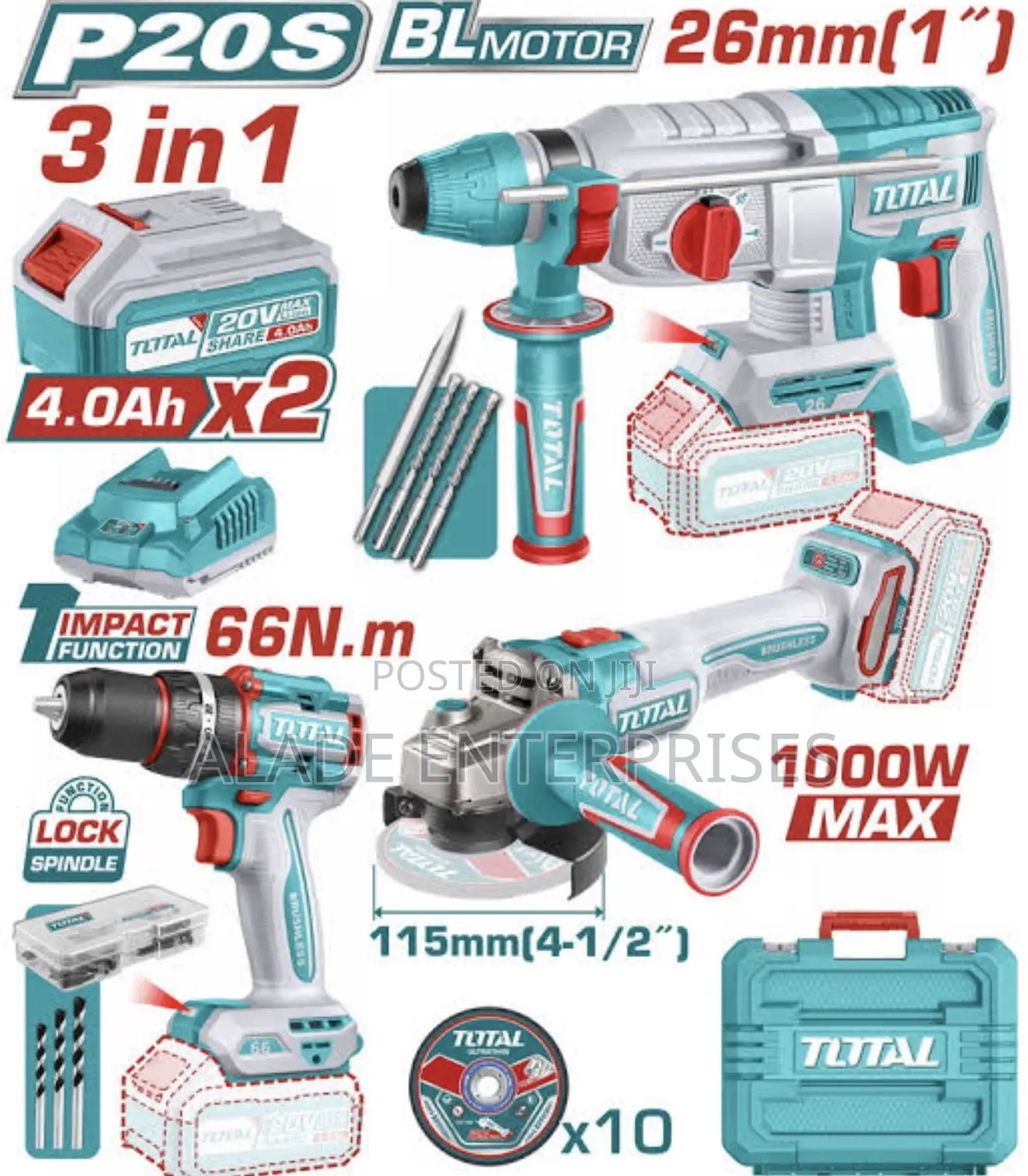 Total Brushless 3-piece Kit – Impact Drill,Angle Grinder,Rotary Hammer