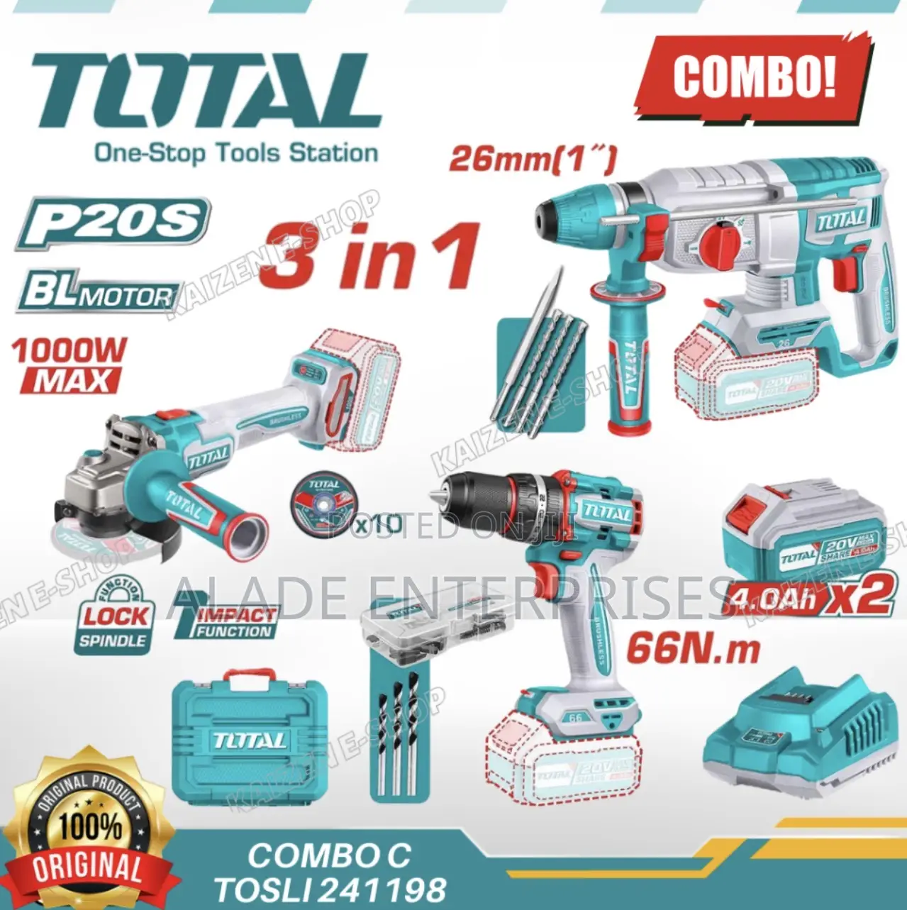 Total 3in1 Cordless Kit - Grinder, Hammer Drill, 66nm Drill