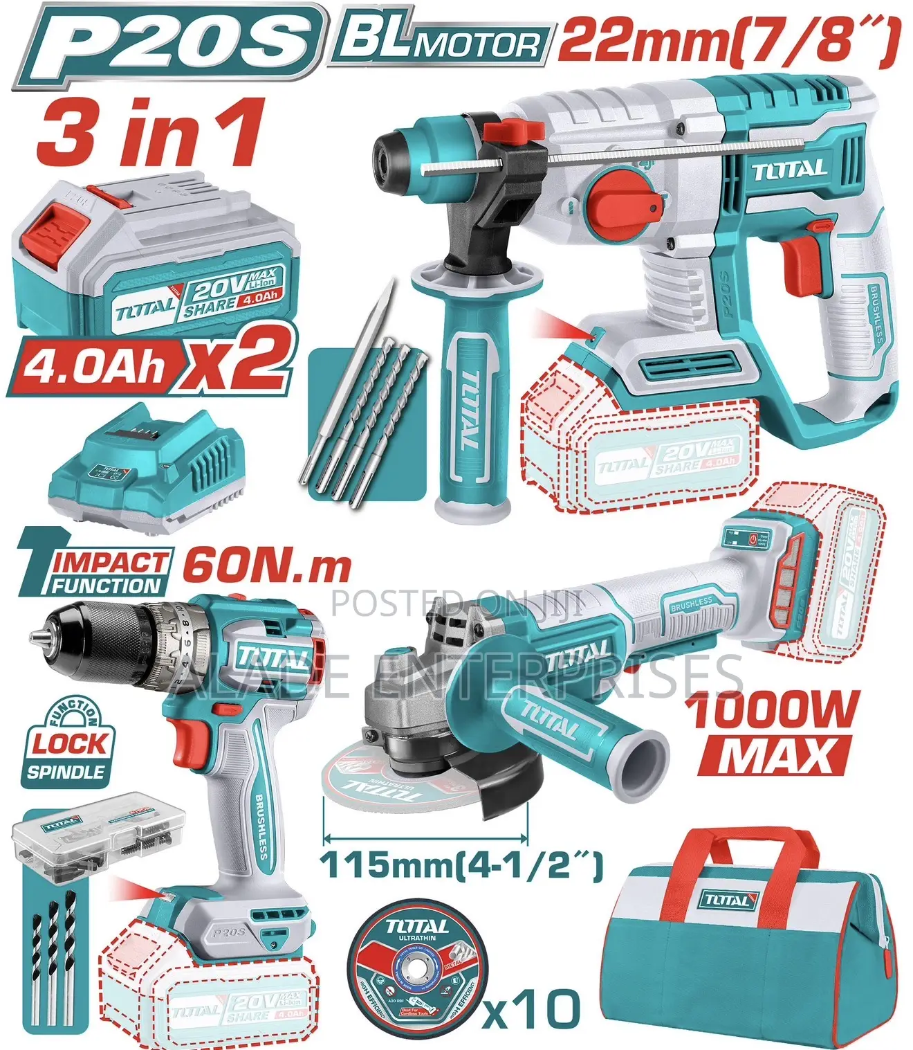 Total 3in1 Cordless Kit - Grinder, Hammer Drill, 66nm Drill
