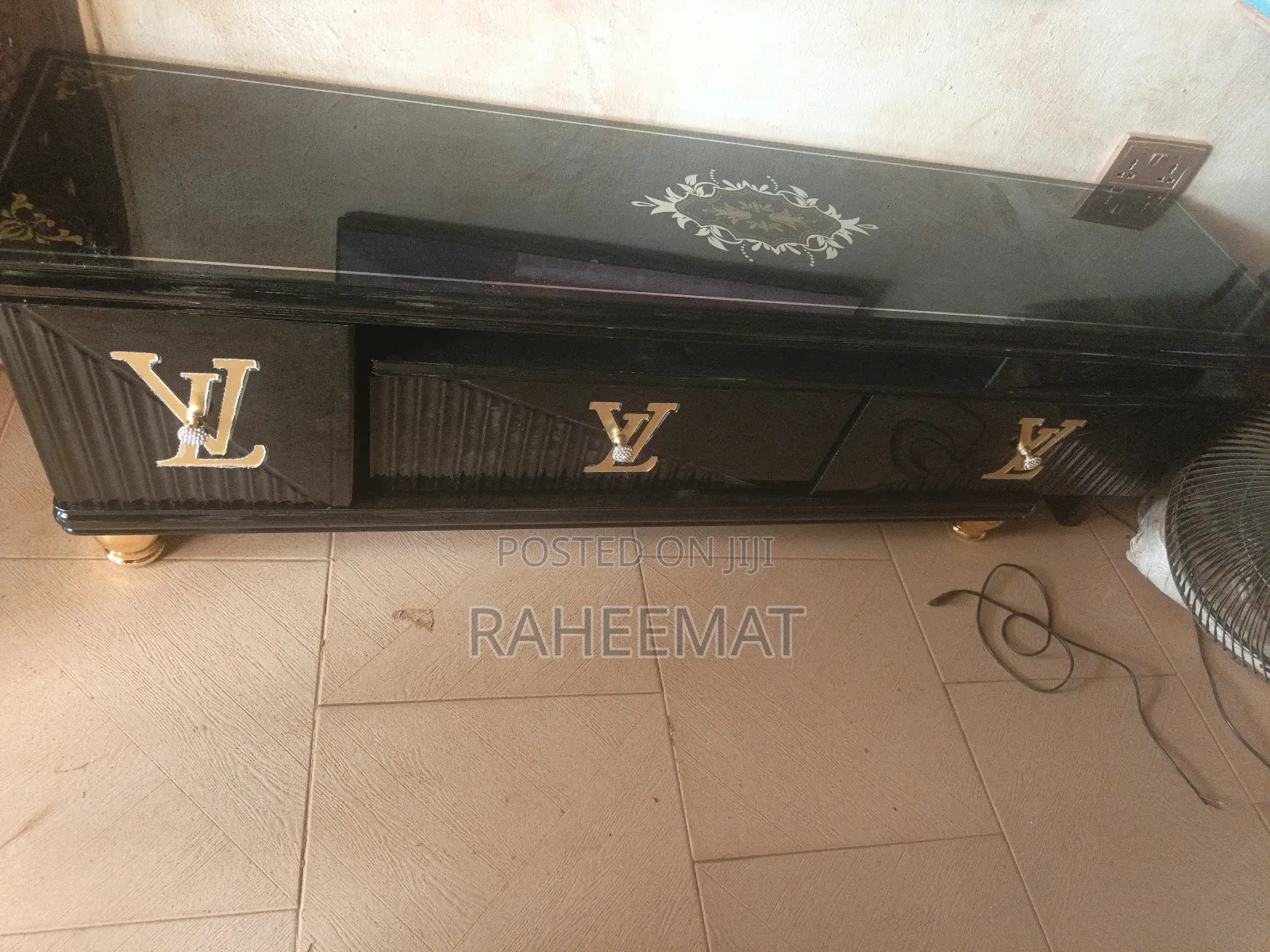 Black Tv Stand With Golden Design, With Lewis Hamilton